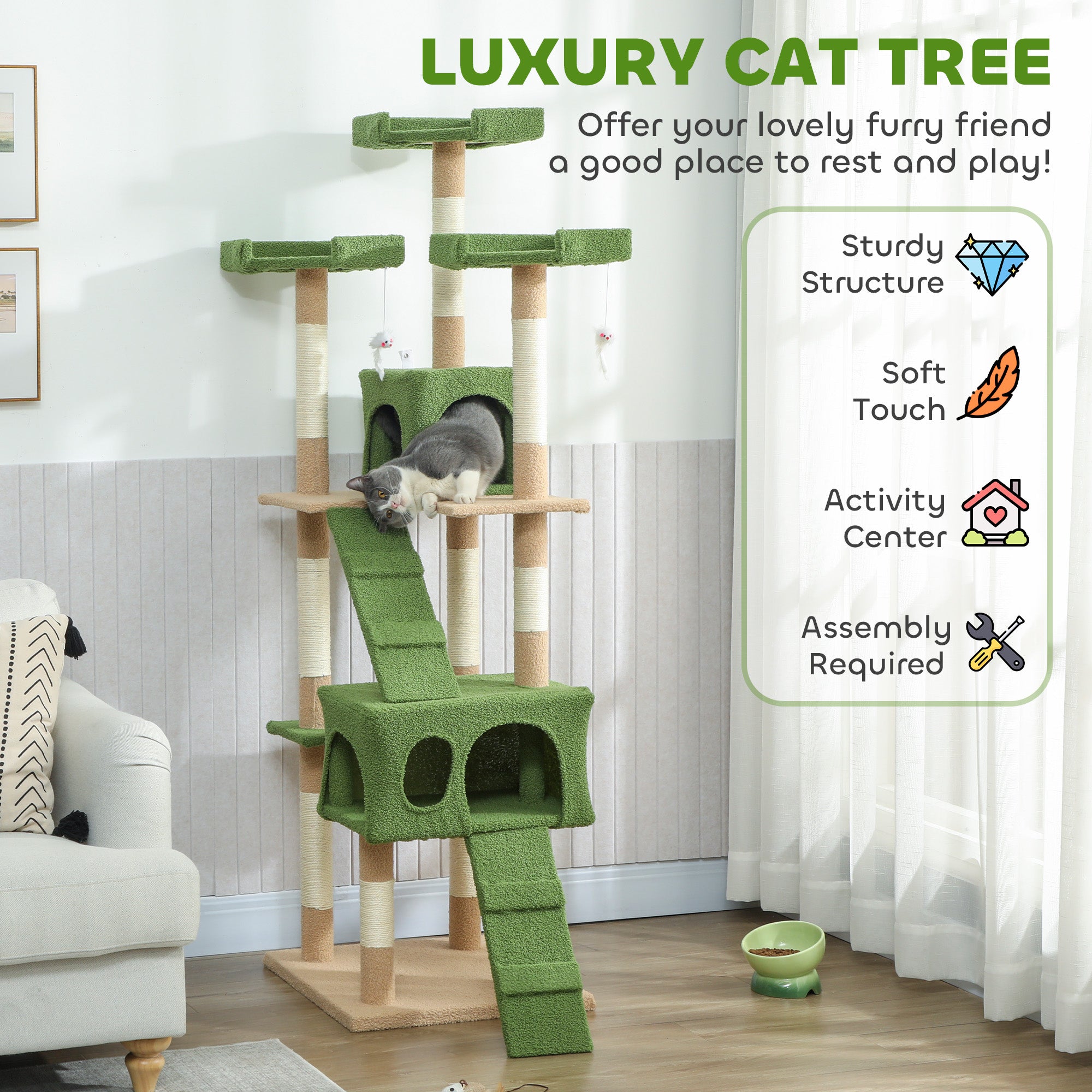68 inches Cat Tree, Multi-Level Large Cat Tower Condo with Scratching Posts, Perches, Cat Houses, Dangling Toy, Green