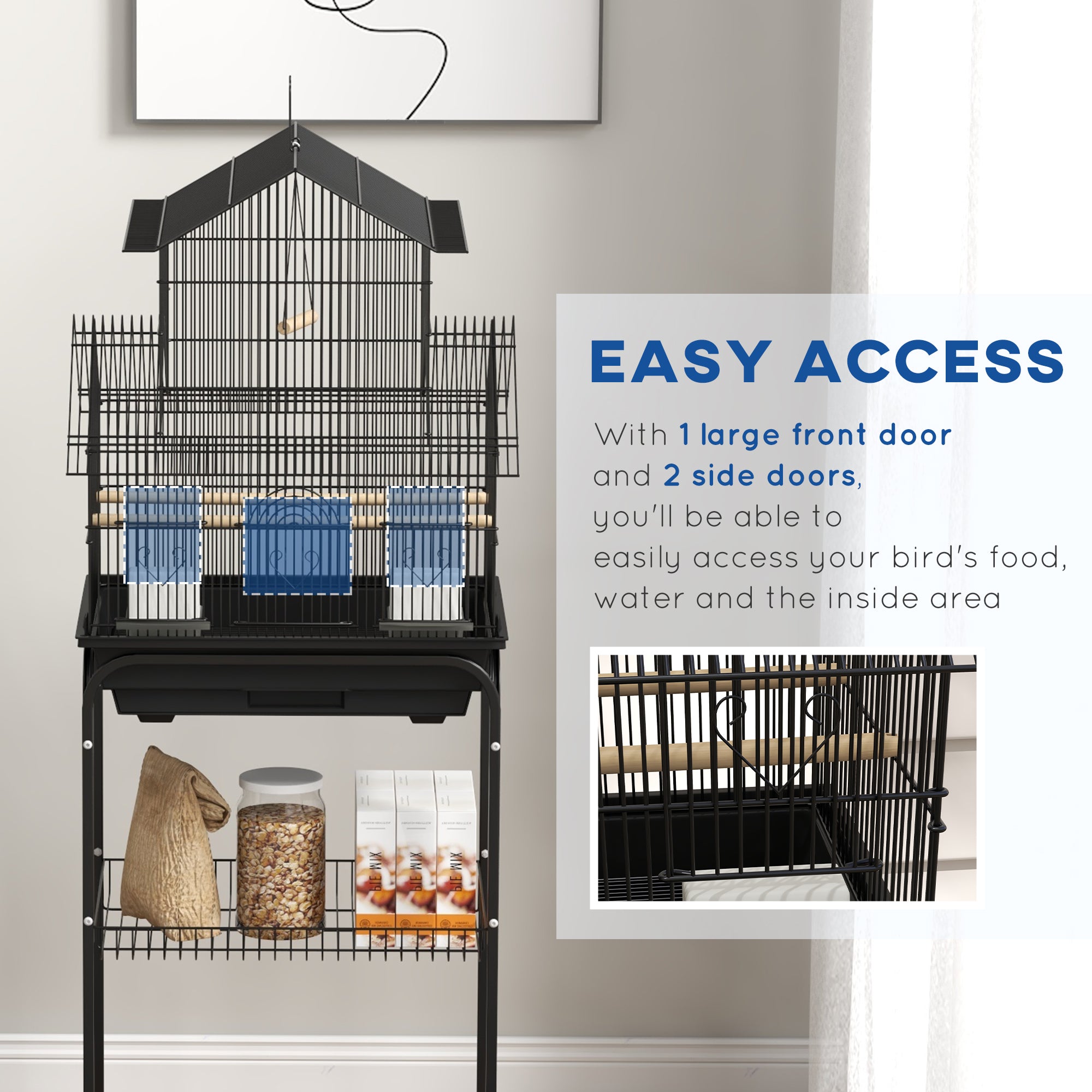 48" Bird Cage for Finches, Canaries, Budgies, Indoor Parrot Cage with Perch, Swing, Food Container, Slide-out Tray, Handle, Stand, Bottom Shelf, Black