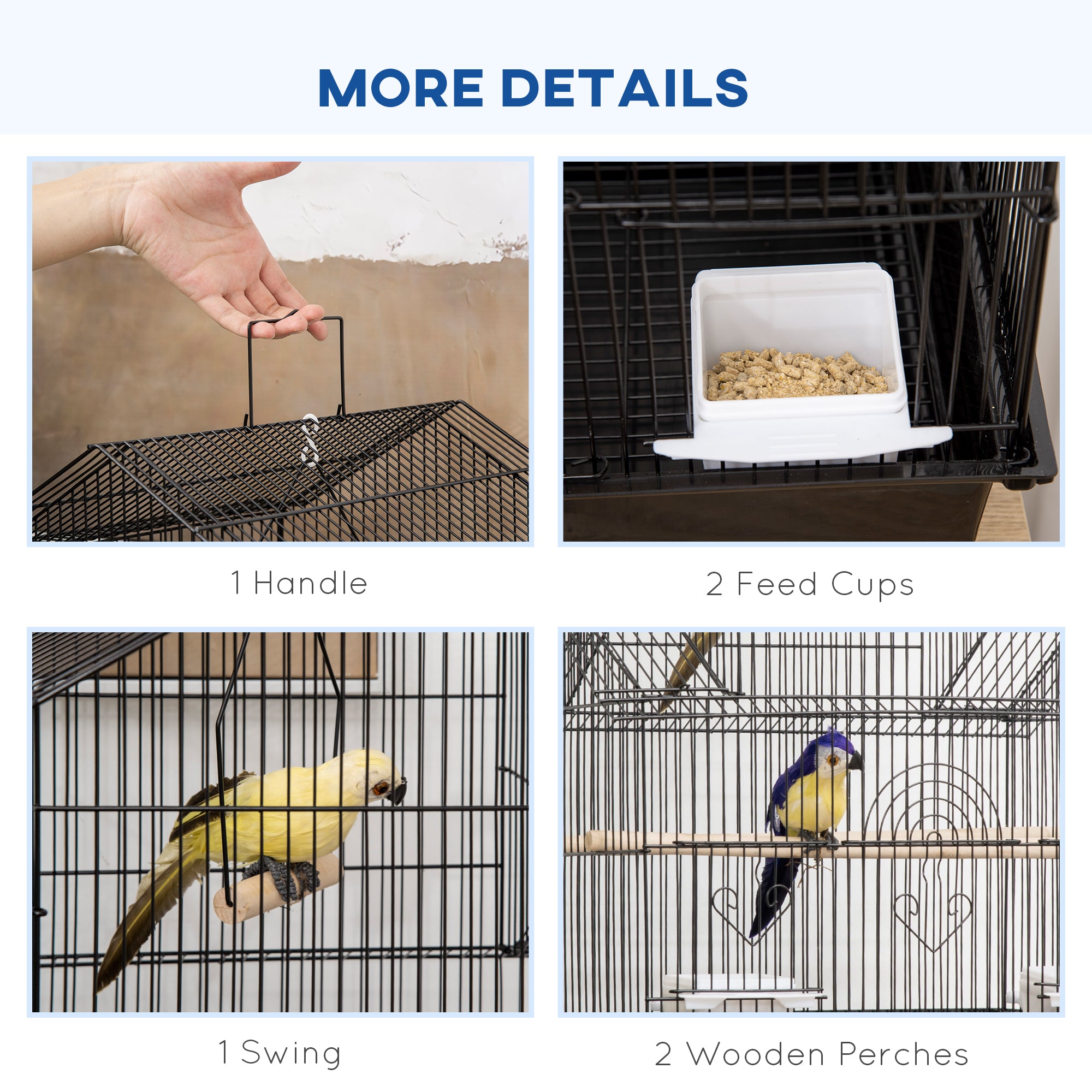48" Bird Cage for Finches, Canaries, Budgies, Indoor Parrot Cage with Perch, Swing, Food Container, Slide-out Tray, Handle, Stand, Bottom Shelf, Black