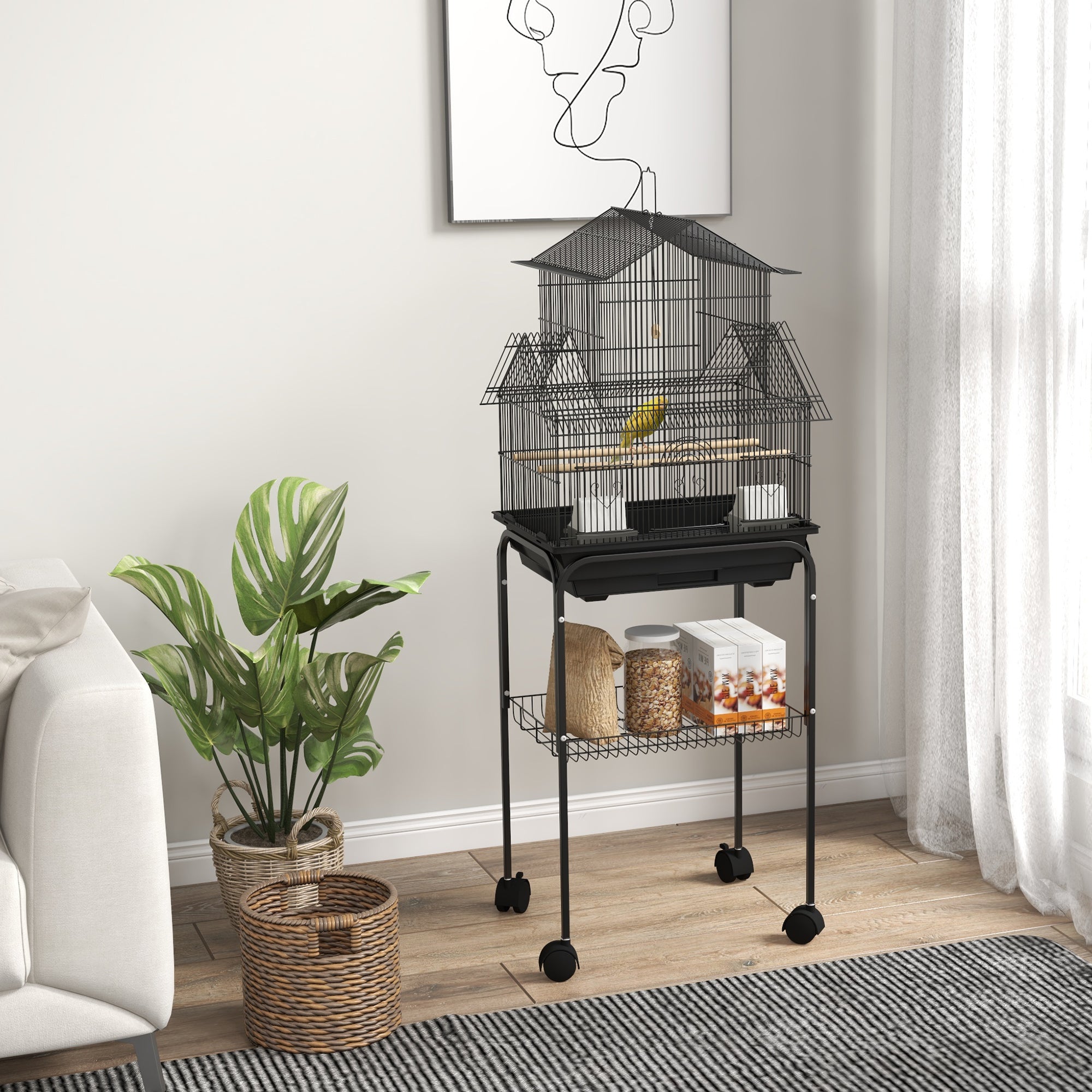 Bird Cage Budgie Cage with Stand Slide Tray Handle for Finch Canary 43.5 x 33 x 121cm Black