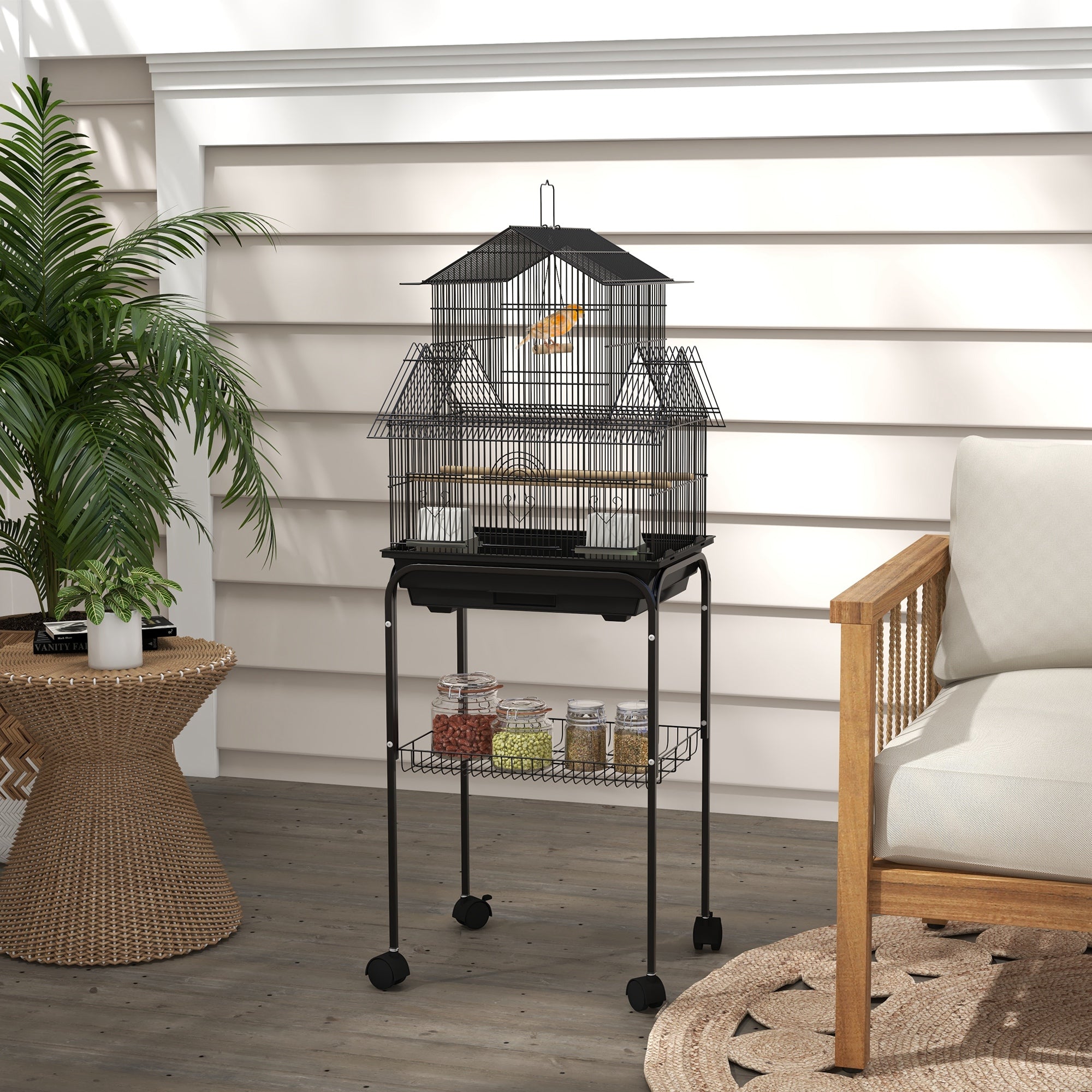 48" Bird Cage for Finches, Canaries, Budgies, Indoor Parrot Cage with Perch, Swing, Food Container, Slide-out Tray, Handle, Stand, Bottom Shelf, Black