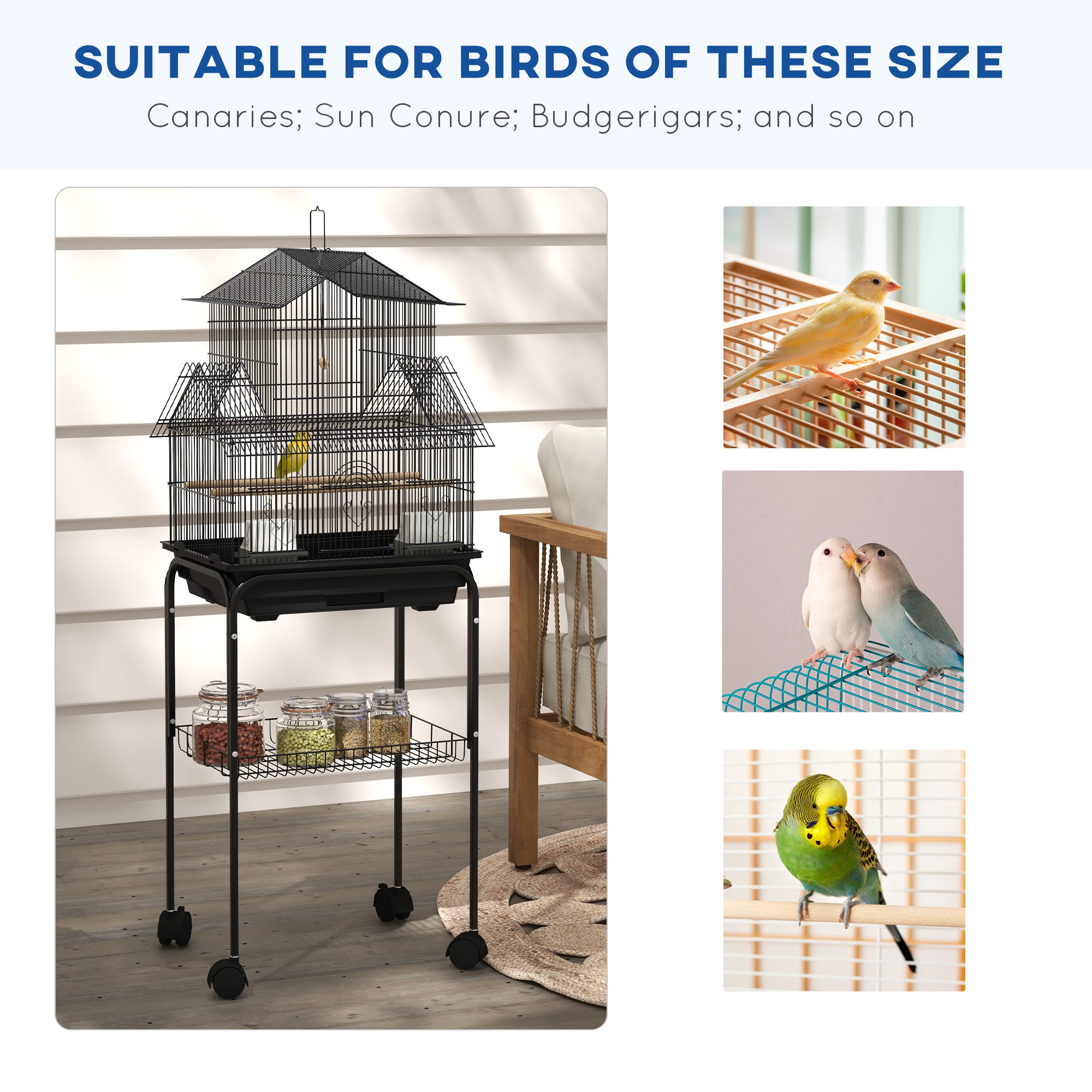 48" Bird Cage for Finches, Canaries, Budgies, Indoor Parrot Cage with Perch, Swing, Food Container, Slide-out Tray, Handle, Stand, Bottom Shelf, Black