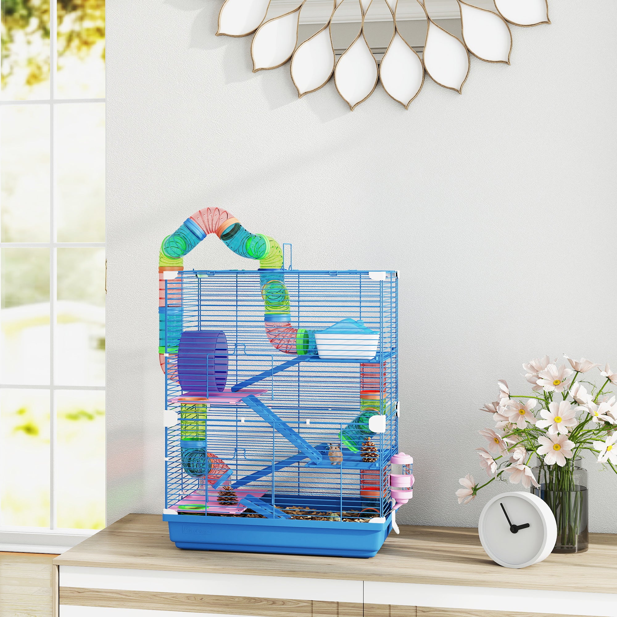 5 Tier Hamster Cage, Gerbil Cage with Tube Exercise Wheels, Tunnel, Water Bottle, Dishes, Blue, 58H x 46L x 30Wcm
