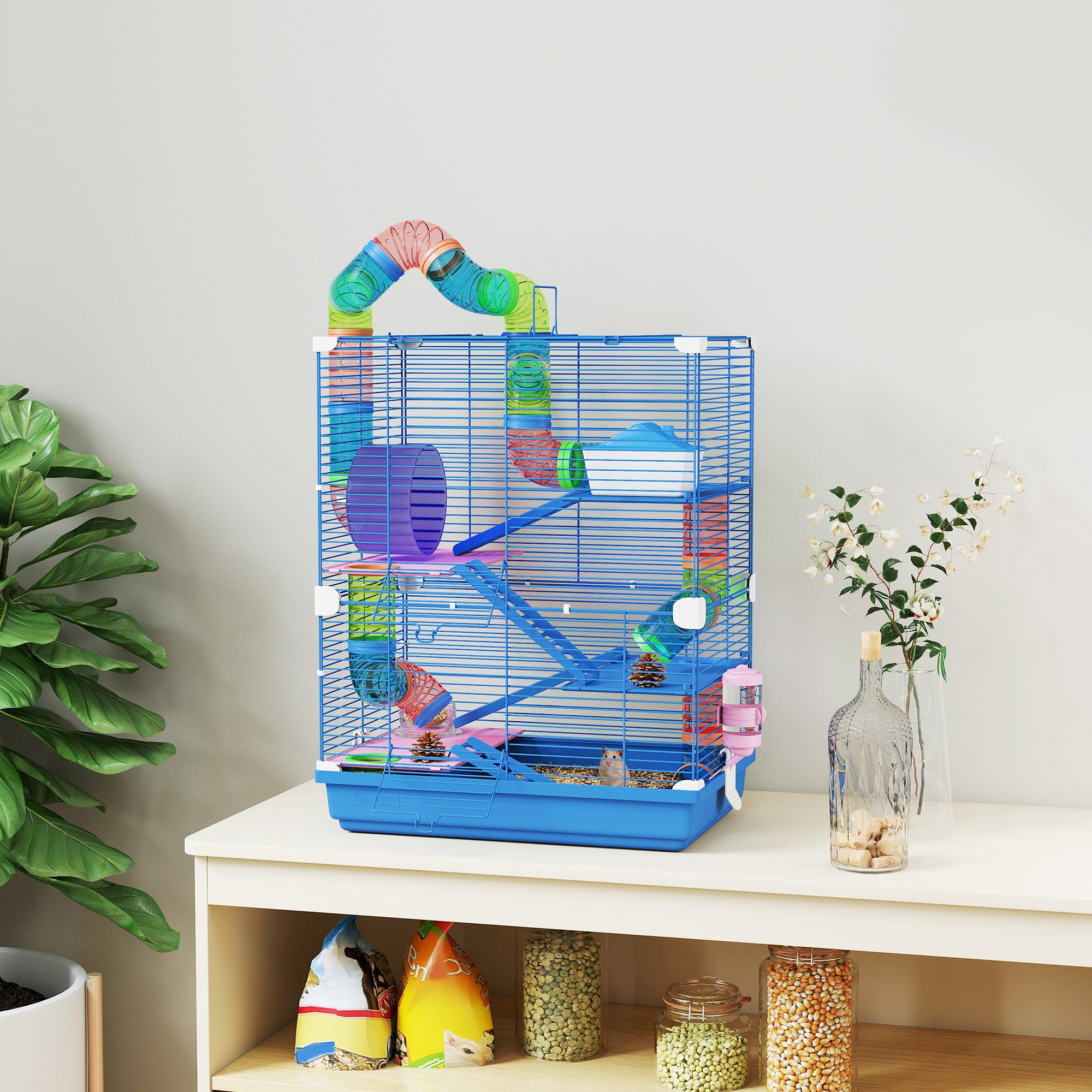 5 Tier Hamster Cage, Gerbil Cage with Tube Exercise Wheels, Tunnel, Water Bottle, Dishes, Blue, 58H x 46L x 30Wcm