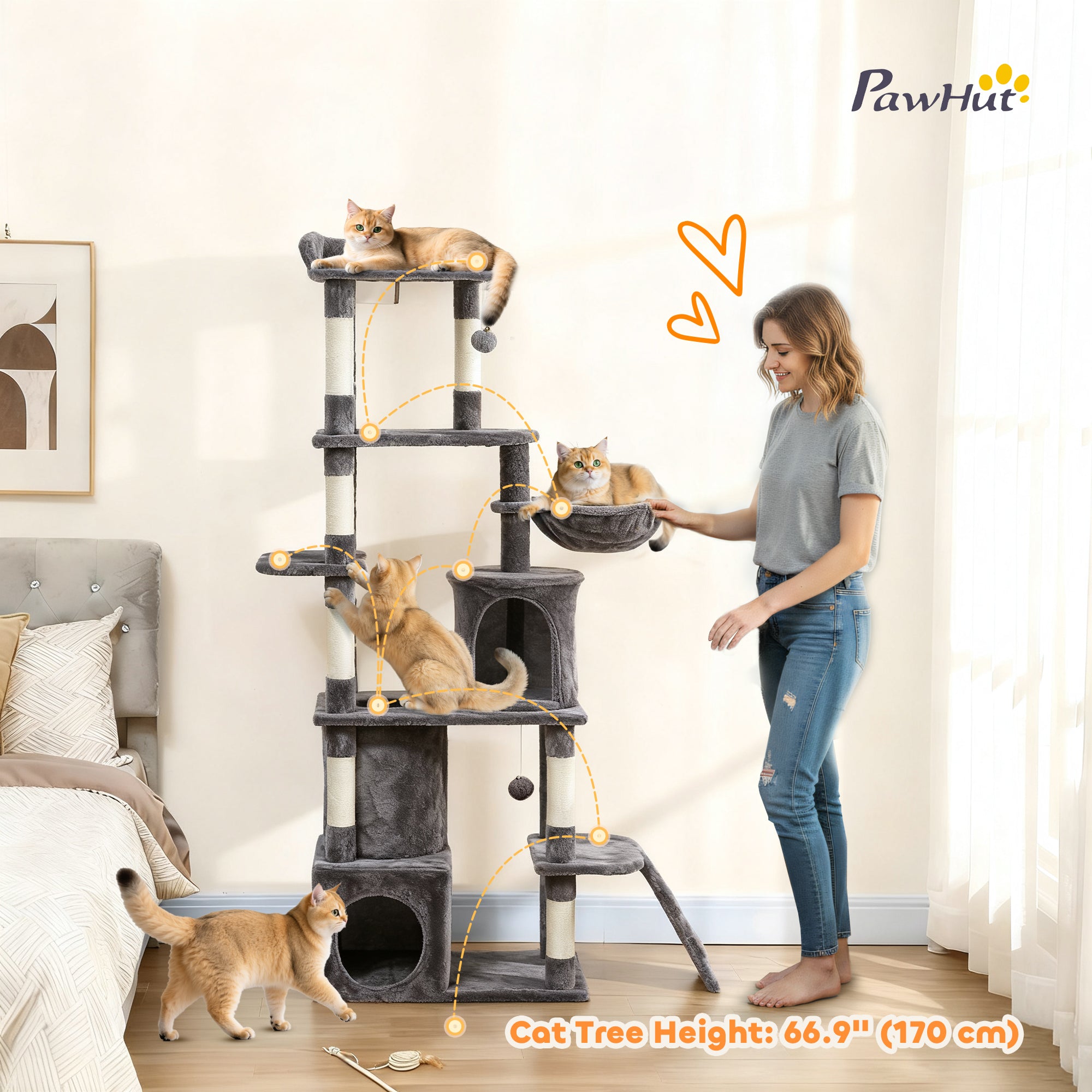 Cat Tree, 67" Large Cat Tower for Indoor Kittens Multi-Level with 7 Scratching Posts, Tunnel, 2 Plush Condos, Hammock, Perch, Ramp, Pompoms, Dark Grey