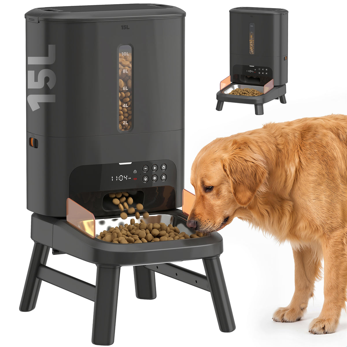 Automatic Dog Feeder Large Breed, 15L/63 Cups Anti-Clog Dog Food Dispenser for Large Kibble up to 23mm, Elevated Design,  Dual Power, Easy to Set Up