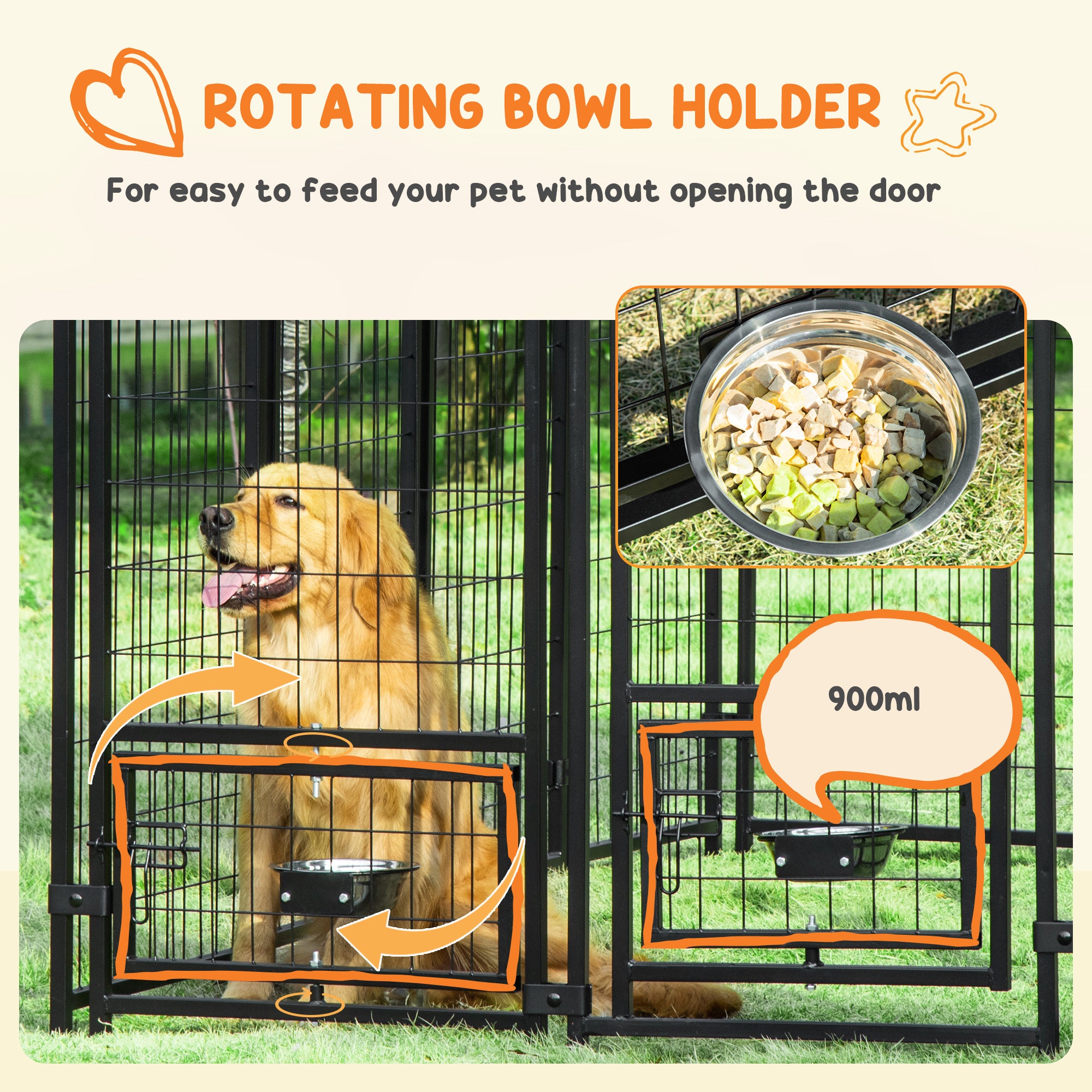 Outdoor Dog Kennel, Run, Large Wire Steel Fence, Lockable Pet Playpen Enclosure, with Water-, UV-Resistant Canopy Top, Door, Rotating Bowl Holders, 8ft x 4ft x 6ft, Green