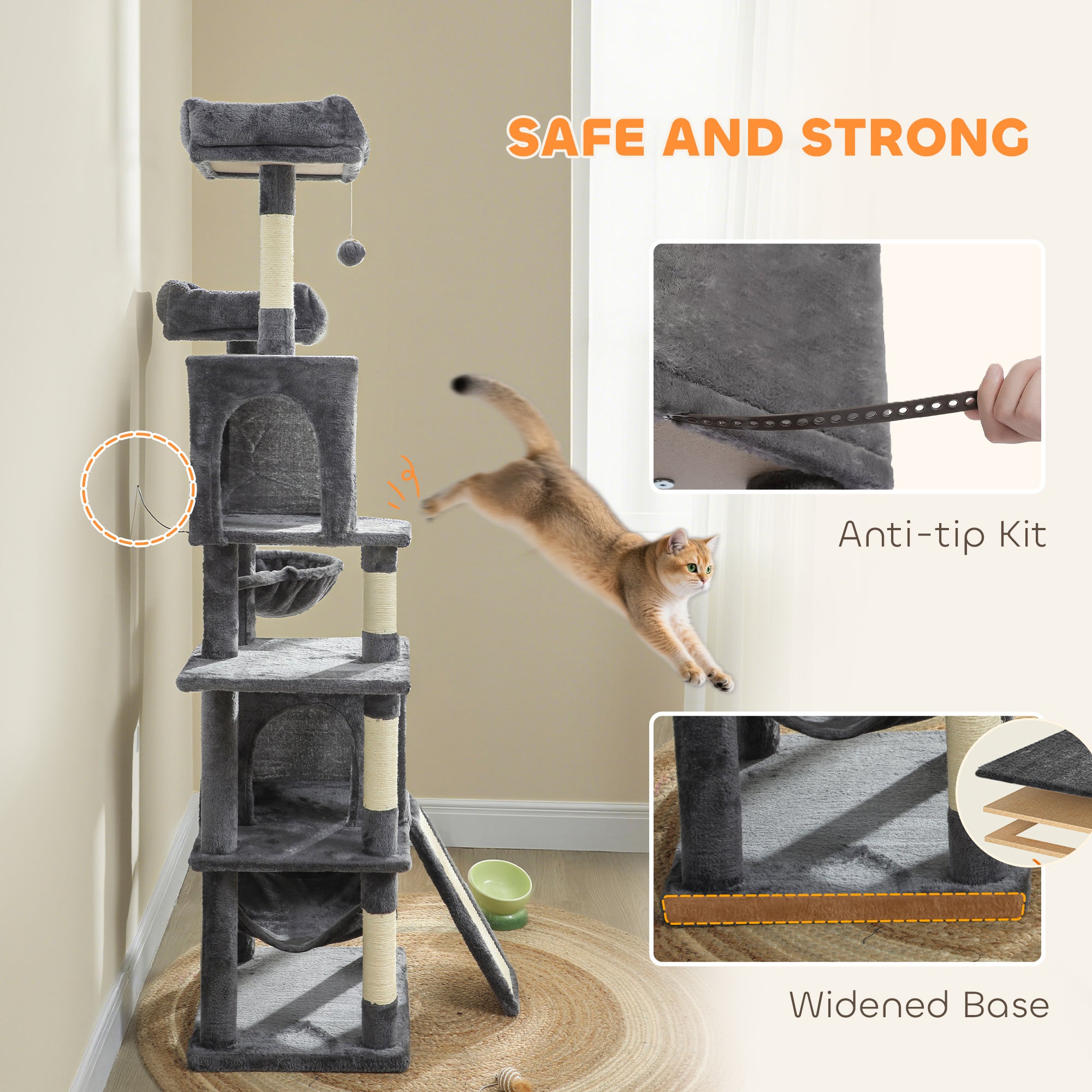 Cat Tree, 70" Multi-Level Cat Tower for Indoor with 2 Condos, 2 Plush Top Perches, Hammock, Platforms, Toy Balls, Sisal Scratching Posts and Board, Dark Grey
