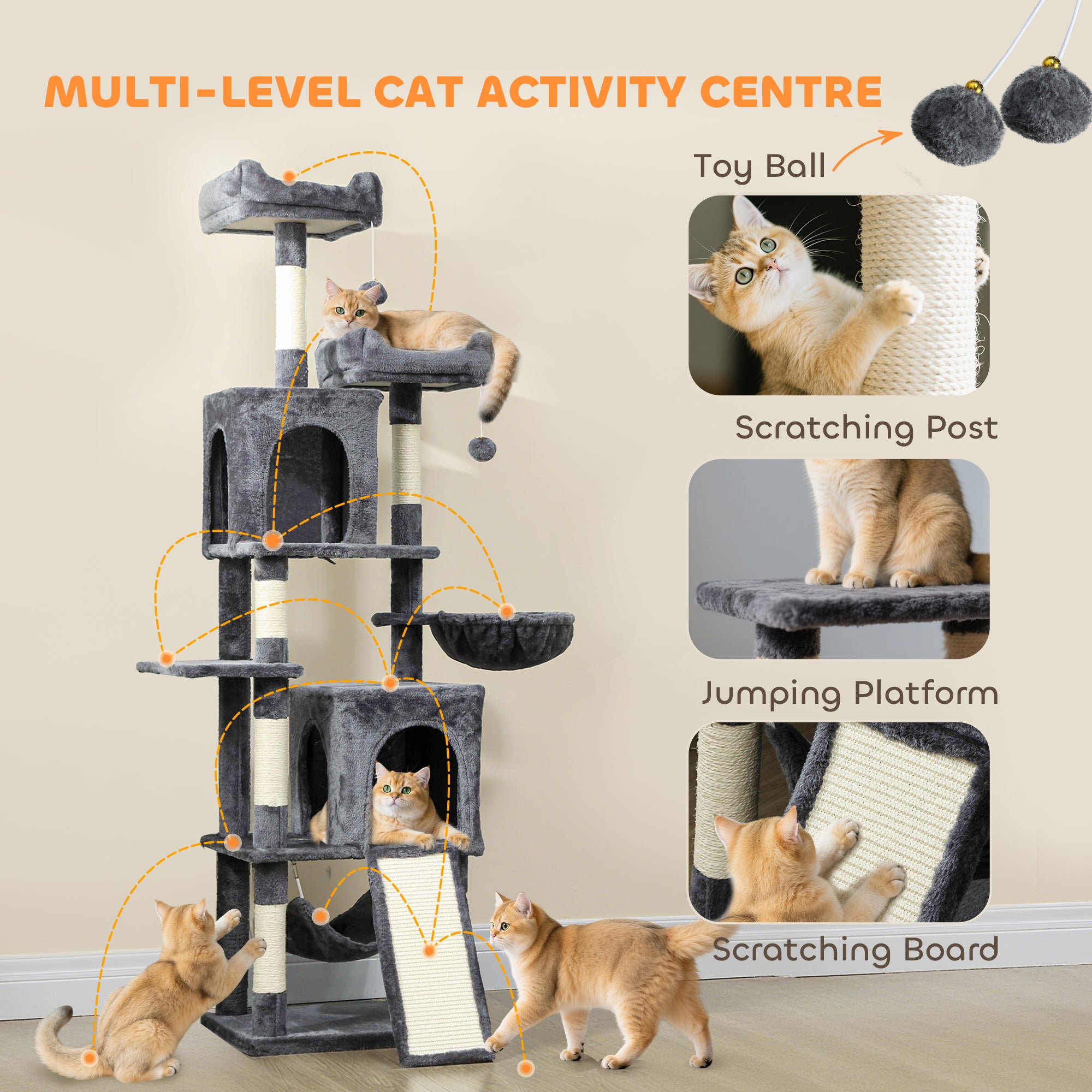 Cat Tree, 70" Multi-Level Cat Tower for Indoor with 2 Condos, 2 Plush Top Perches, Hammock, Platforms, Toy Balls, Sisal Scratching Posts and Board, Dark Grey