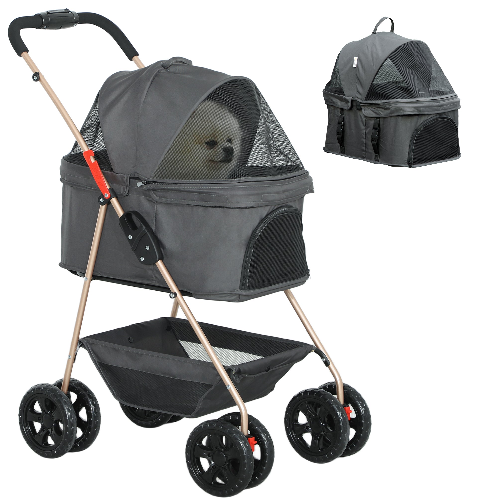 Pet Stroller, 3 in 1 Folding Dog Stroller Pram w/ 4 Wheels, Detachable Carrier, Storage Basket, Cup Holder, Safety Leashes, for Mini Dogs, Cats, Grey