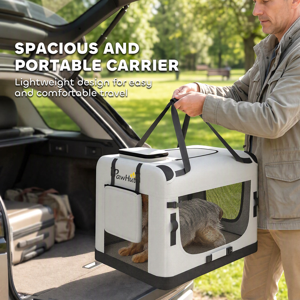 Pet Carrier Bag, Soft-Sided Dog Carrier for Small Dogs, Portable Pet Travel Bag with Security Buckle Strap, Mesh Windows, Washable Cushion and Bowl, Light Grey