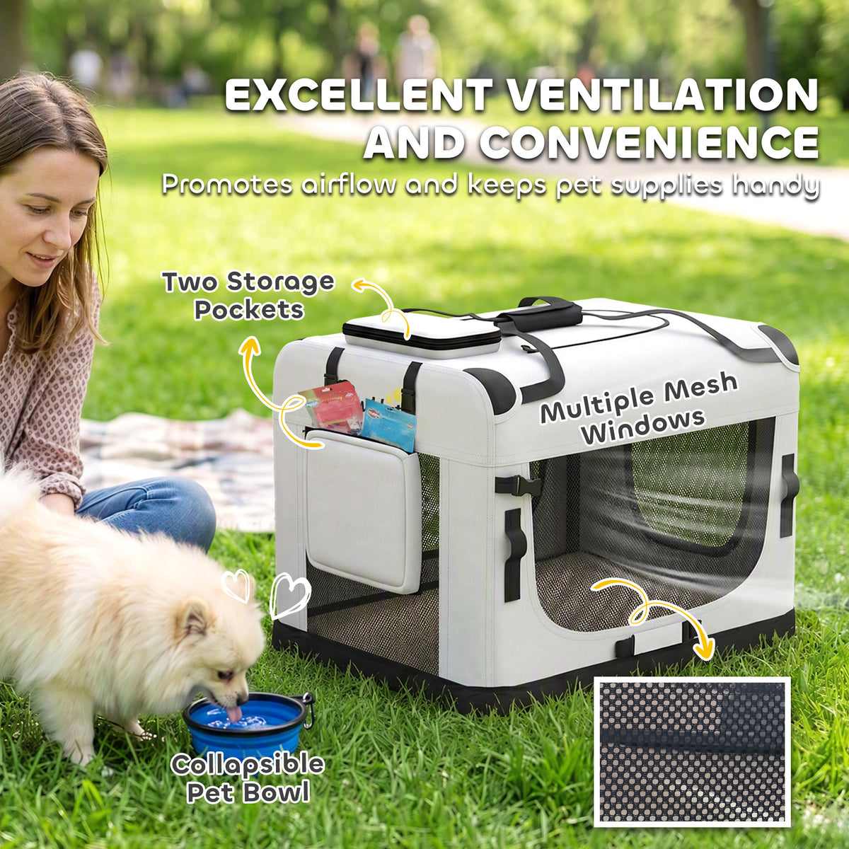 Pet Carrier Bag, Soft-Sided Dog Carrier for Small Dogs, Portable Pet Travel Bag with Security Buckle Strap, Mesh Windows, Washable Cushion and Bowl, Light Grey