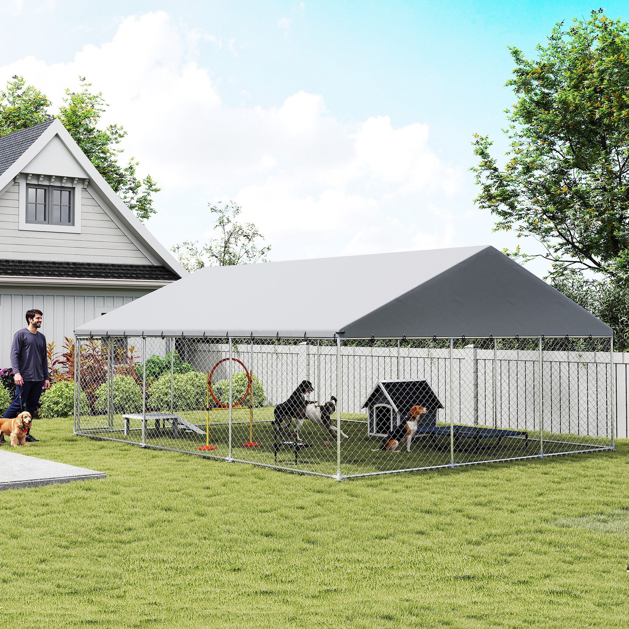 Outdoor Dog Kennel, 20' x 15' x 8', Heavy Duty Large Dog Kennel Outside w/ Waterproof Roof, Galvanized Chain Link Pet Enclosure w/ 2 Secure Locks, for Large Breed, Chicken, Duck