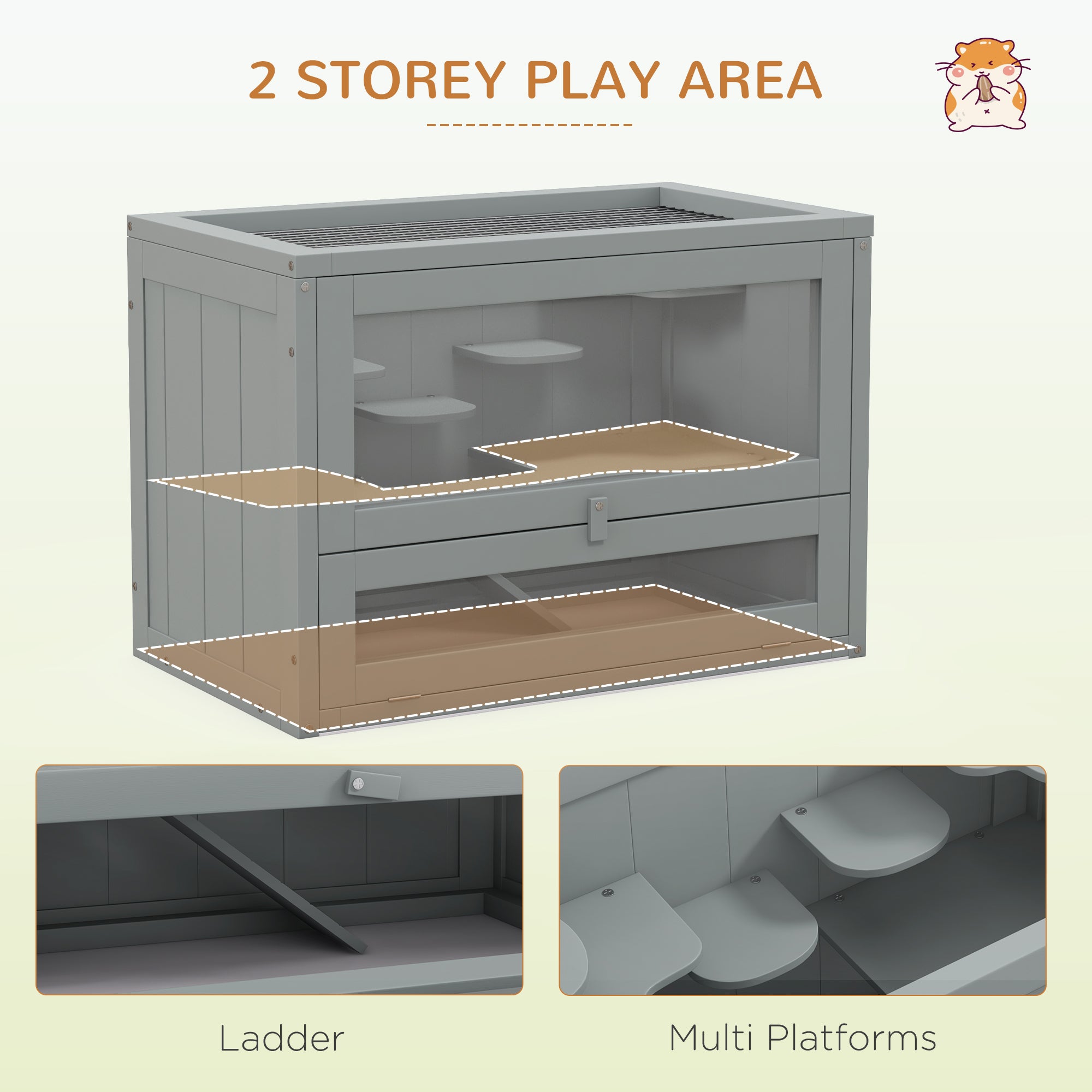 24 Inch Hamster Cage, 2 Levels Small Animals Cage with Openable Roof, Run Space, Platforms, Pet House for Dwarf Hamsters, Gerbils, Chinchillas, Grey