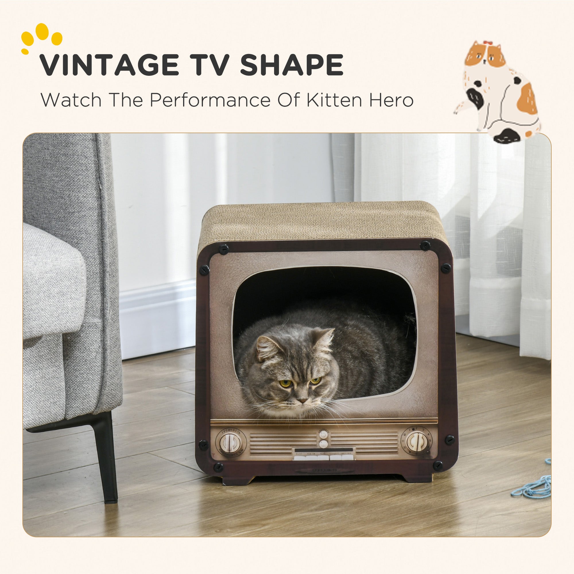 Cat Scratching Board, Cat Scratcher TV Shape Corrugated Cardboard 2 in 1 Cat House with Catnip, for Indoor Cats, Brown