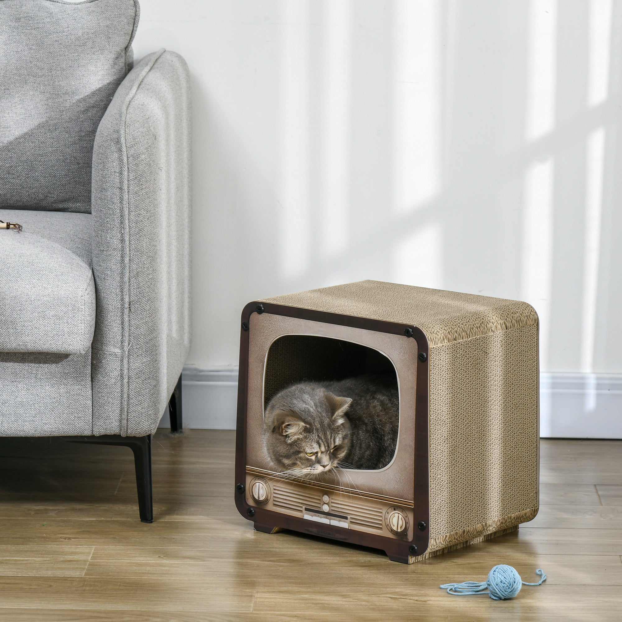 Cat Scratching Board, Cat Scratcher TV Shape Corrugated Cardboard 2 in 1 Cat House with Catnip, for Indoor Cats, Brown