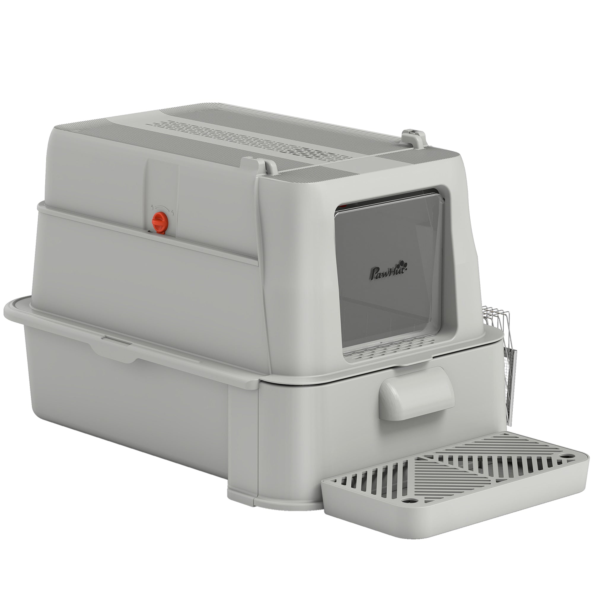 80L Stainless Steel Cat Litter Box with Lid, XL Metal Litter Box for Big Cats with 180° Flip Cover, Pull-Out Drawer Tray, High Sided, Pedal, Metal Scoop, Light Grey