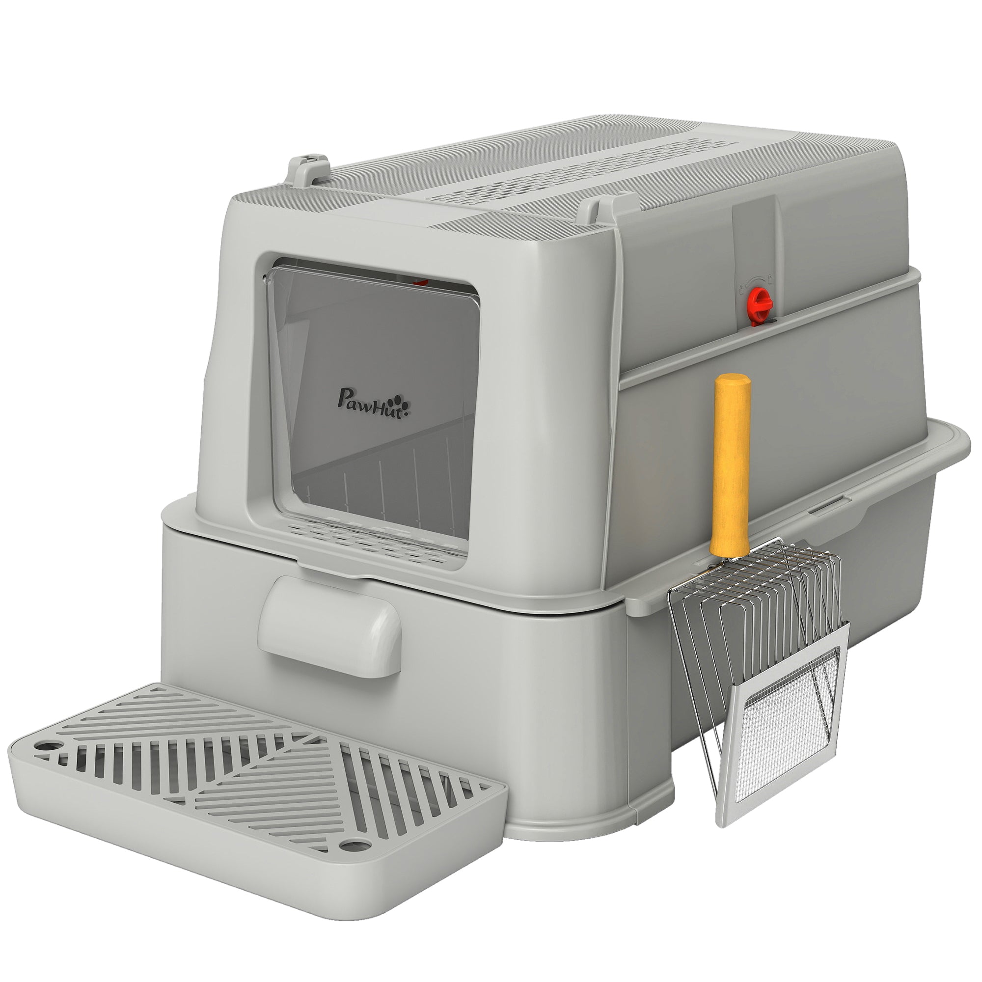 80L Stainless Steel Cat Litter Box with Lid, XL Metal Litter Box for Big Cats with 180° Flip Cover, Pull-Out Drawer Tray, High Sided, Pedal, Metal Scoop, Light Grey