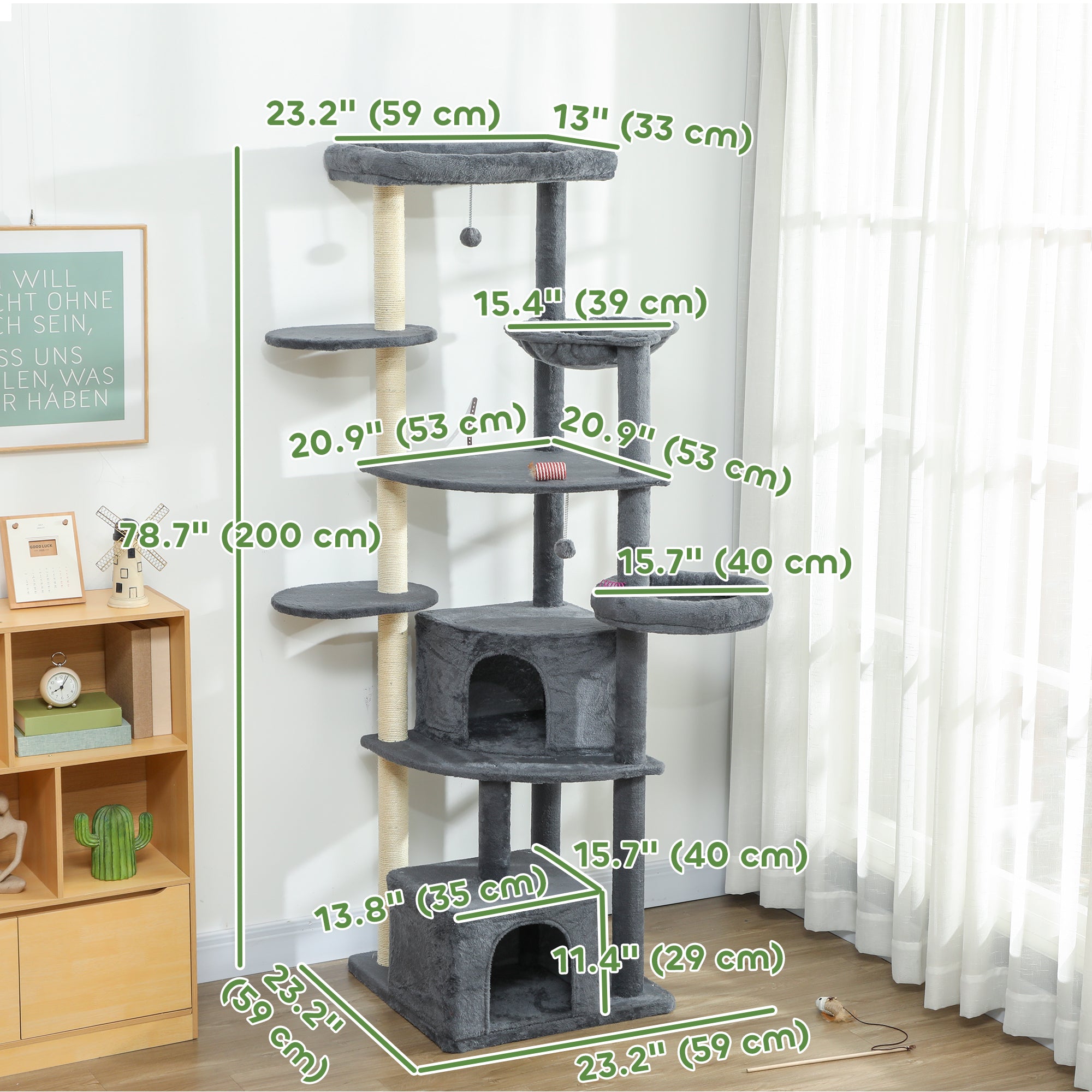 79 Inch Cat Tree, Extra Tall Large Cat Tower with Scratching Posts, 2 Perches, 2 Caves, Large Hammock, Pompoms, Multi-Level Plush Kitty Condo for Multiple Indoor Kittens