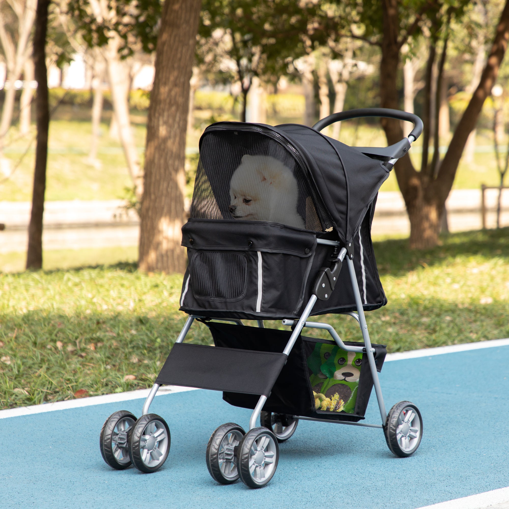 Pet Stroller for Small Miniature Dogs Cats Foldable Travel Carriage with Wheels Zipper Entry Cup Holder Storage Basket Black
