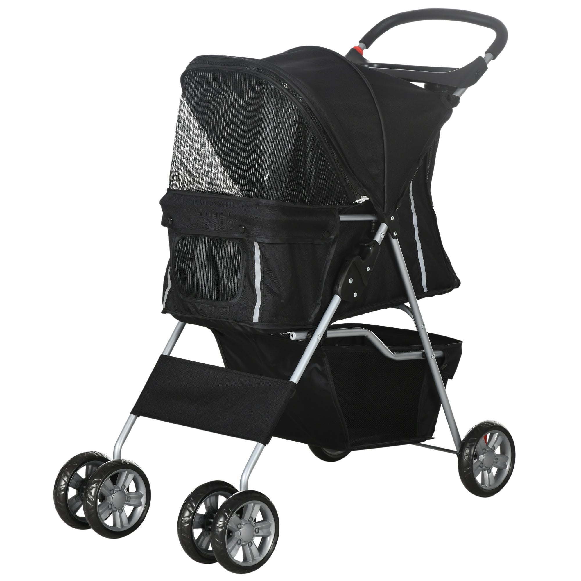 Pet Stroller for Small Miniature Dogs Cats Foldable Travel Carriage with Wheels Zipper Entry Cup Holder Storage Basket Black