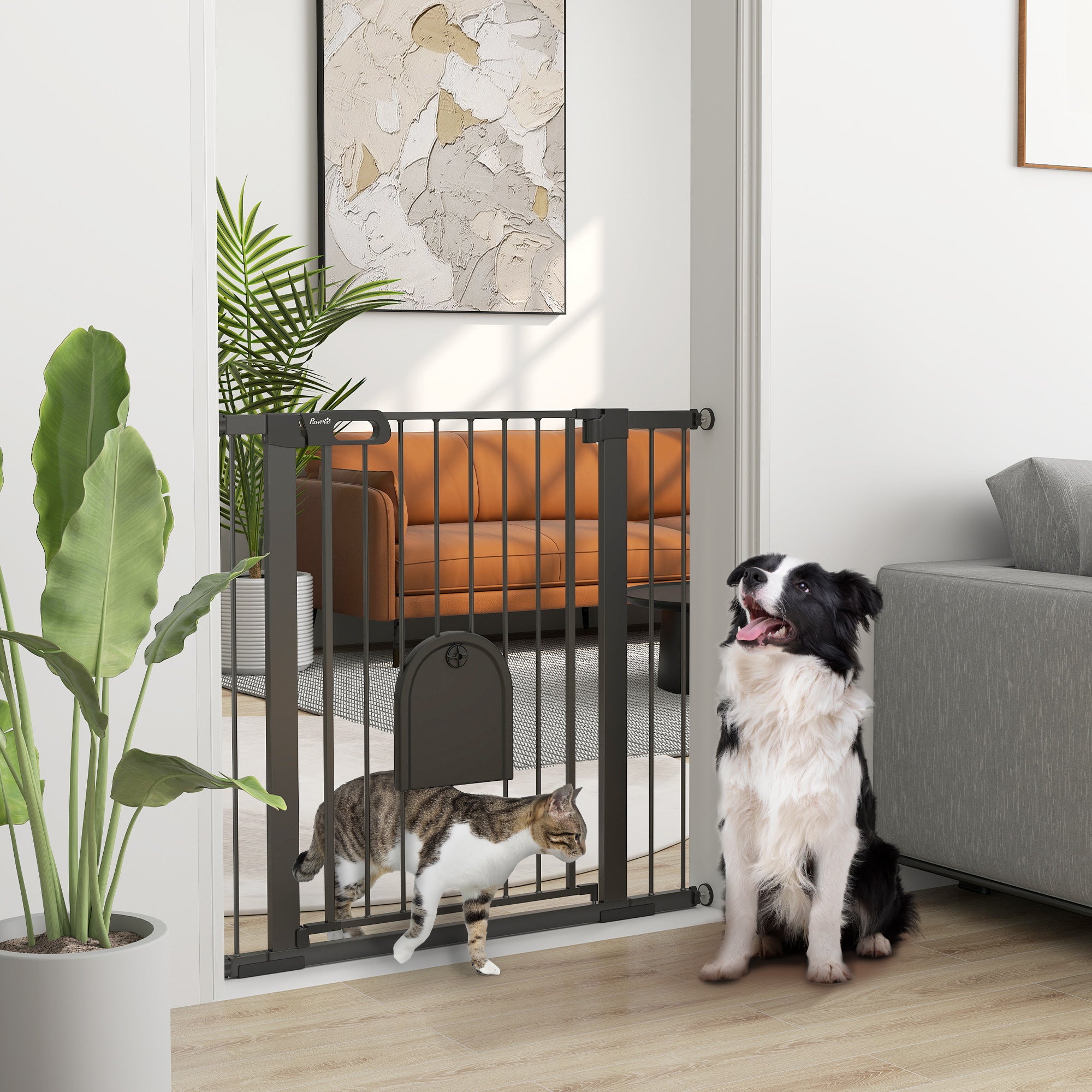 30"-41" Extra Wide Pet Gate with Small Door, 35"H Dog Gate with Safety Gate Barrier, Stair Pressure Fit, Auto Close, Double Locking, for Doorways, Hallways, Black