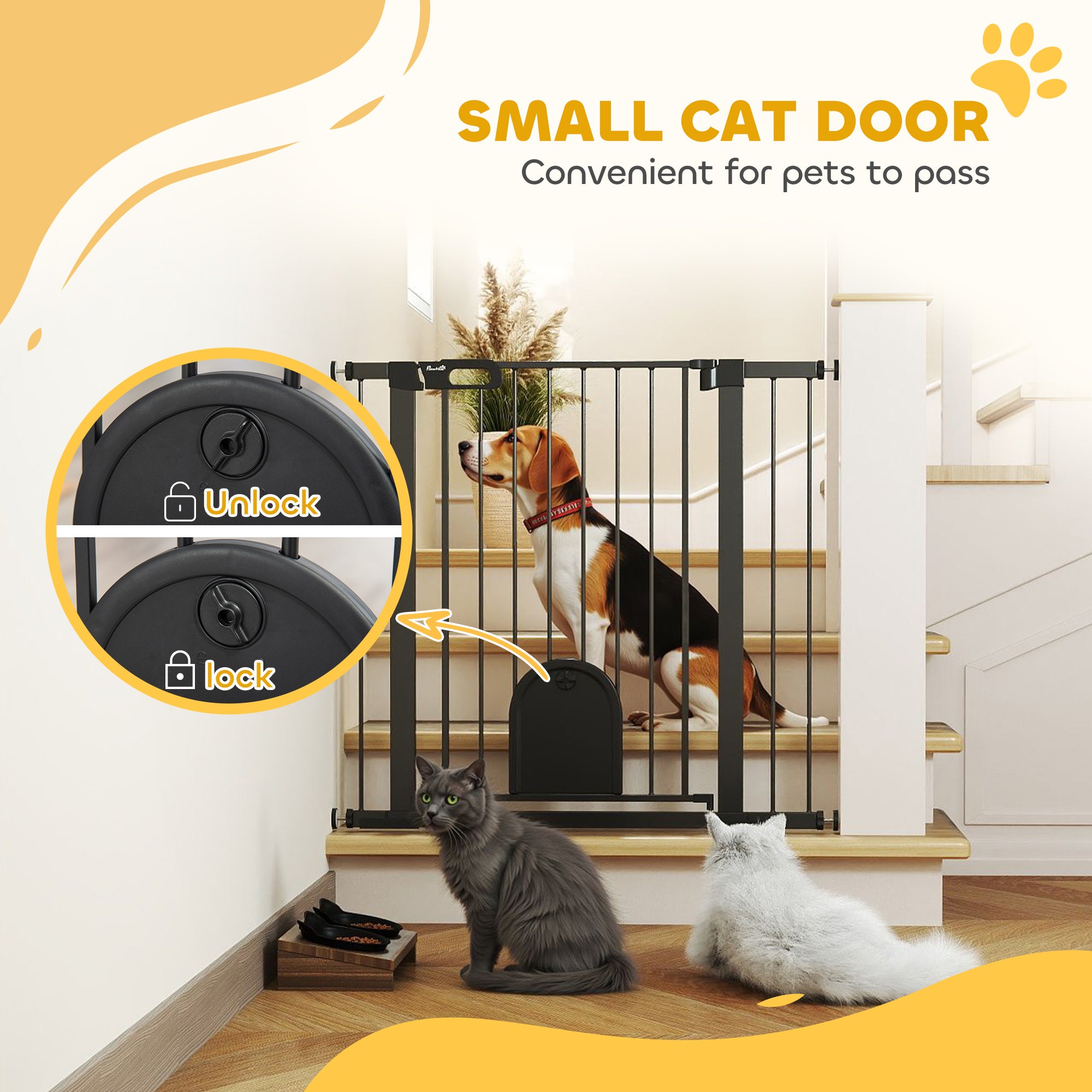 30"-41" Extra Wide Pet Gate with Small Door, 35"H Dog Gate with Safety Gate Barrier, Stair Pressure Fit, Auto Close, Double Locking, for Doorways, Hallways, Black