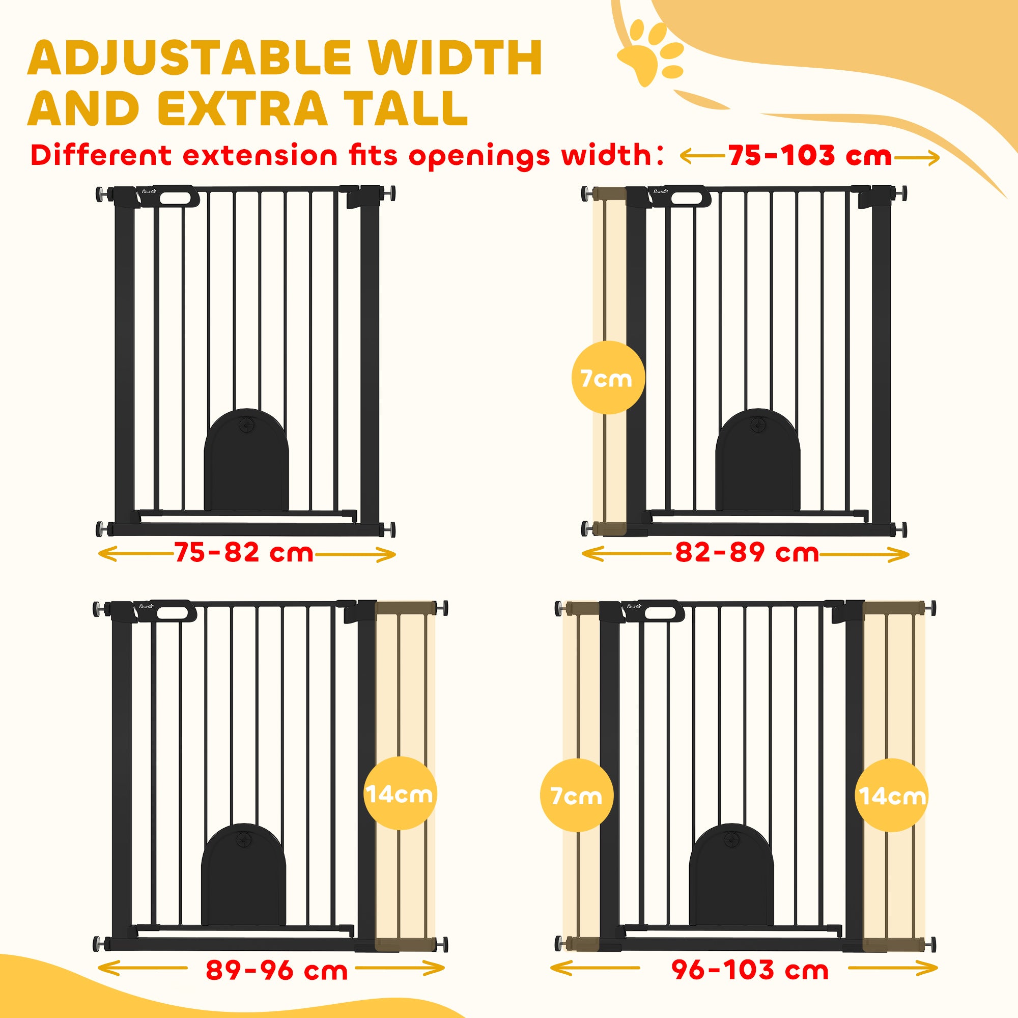 30"-41" Extra Wide Pet Gate with Small Door, 35"H Dog Gate with Safety Gate Barrier, Stair Pressure Fit, Auto Close, Double Locking, for Doorways, Hallways, Black