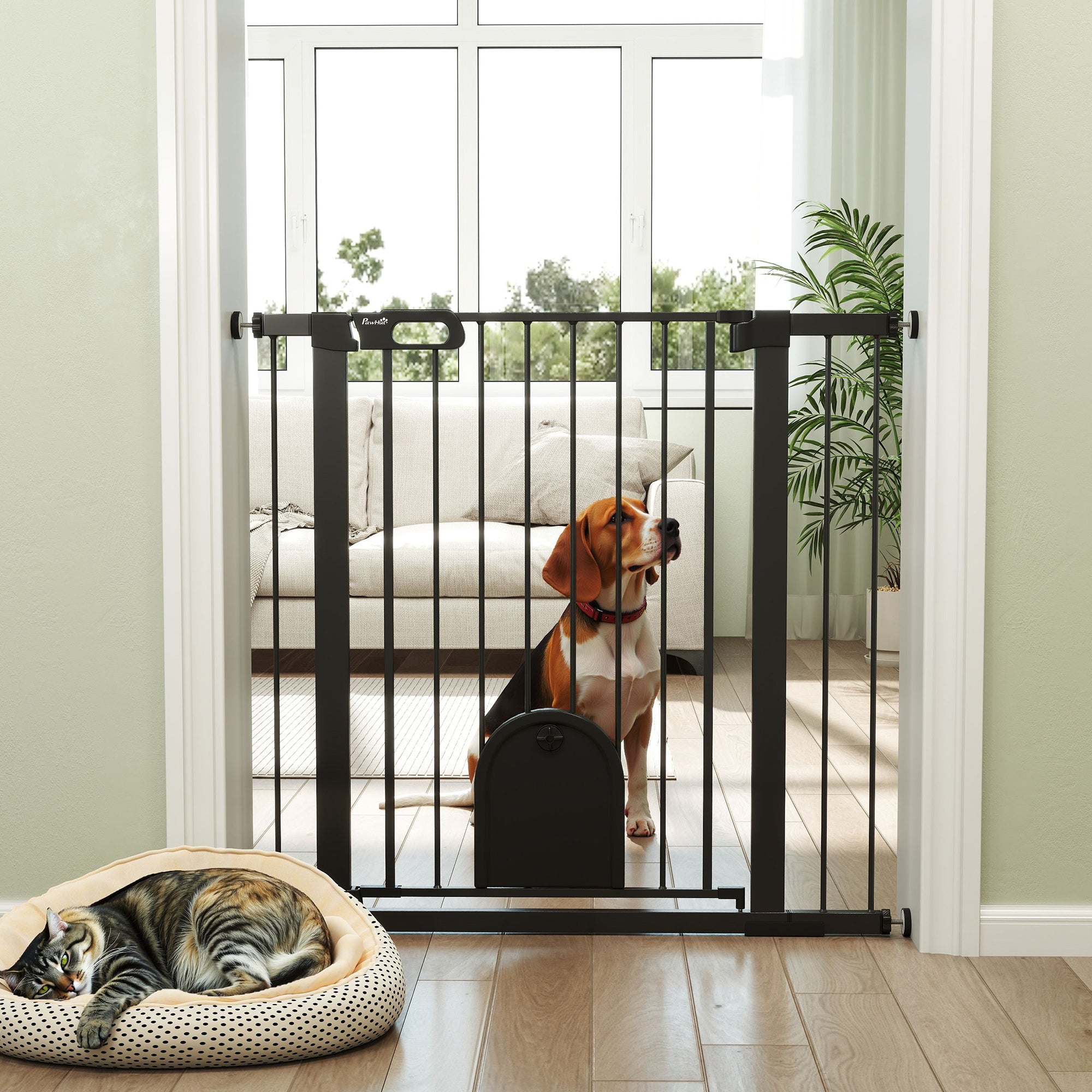 30"-41" Extra Wide Pet Gate with Small Door, 35"H Dog Gate with Safety Gate Barrier, Stair Pressure Fit, Auto Close, Double Locking, for Doorways, Hallways, Black