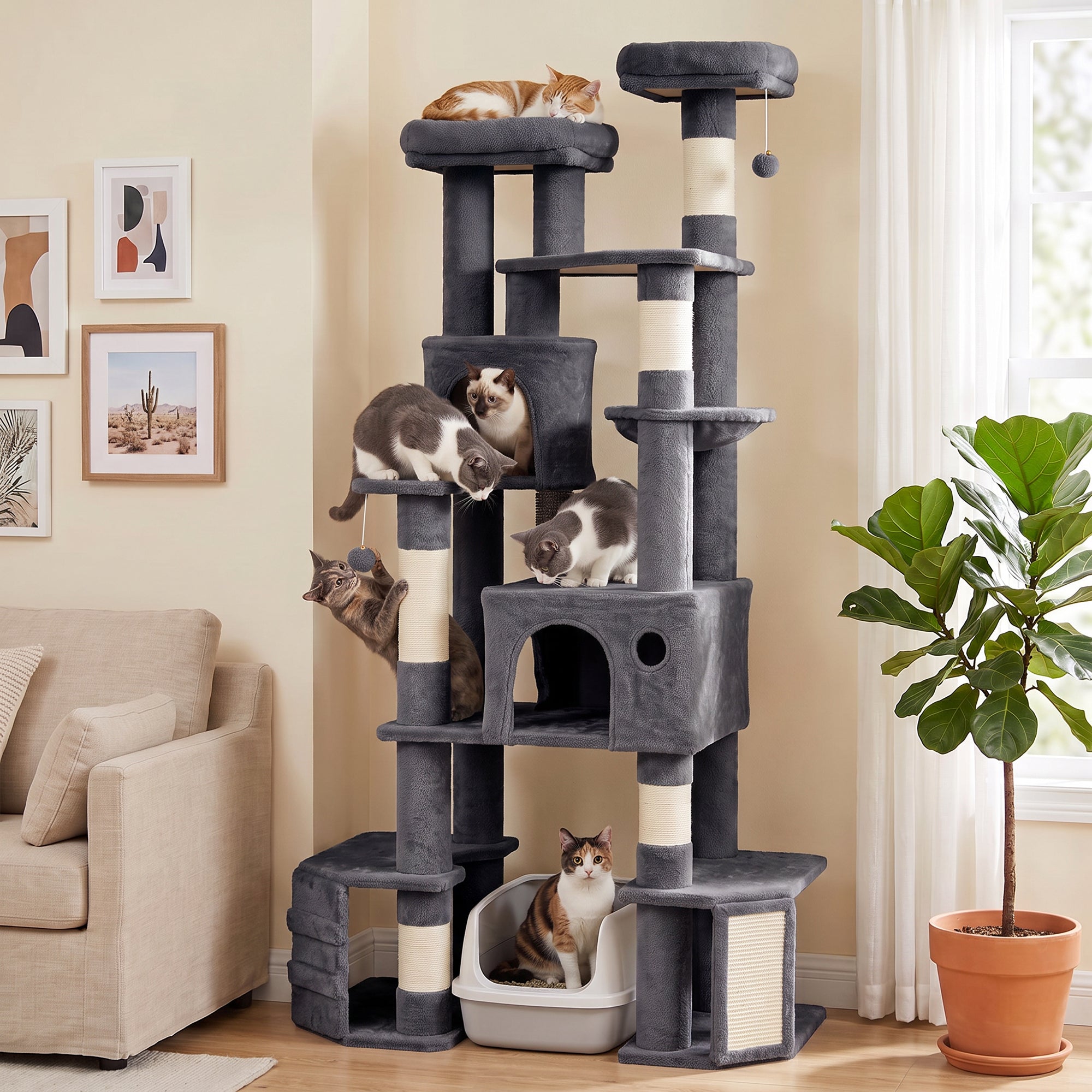 Extra Large Cat Tree Tower with Dual Baseboard, 79-Inch Heavy Duty Cat Tree for Indoor Large Adult Big Kittens with 5 Scratching Posts, 2 Condos, 2 Top Perches, Hammock, Self-Grooming Brush