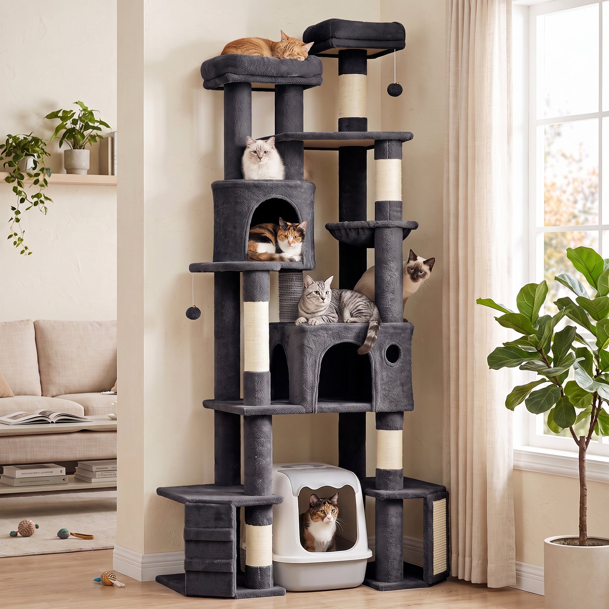 Extra Large Cat Tree Tower with Dual Baseboard, 79-Inch Heavy Duty Cat Tree for Indoor Large Adult Big Kittens with 5 Scratching Posts, 2 Condos, 2 Top Perches, Hammock, Self-Grooming Brush