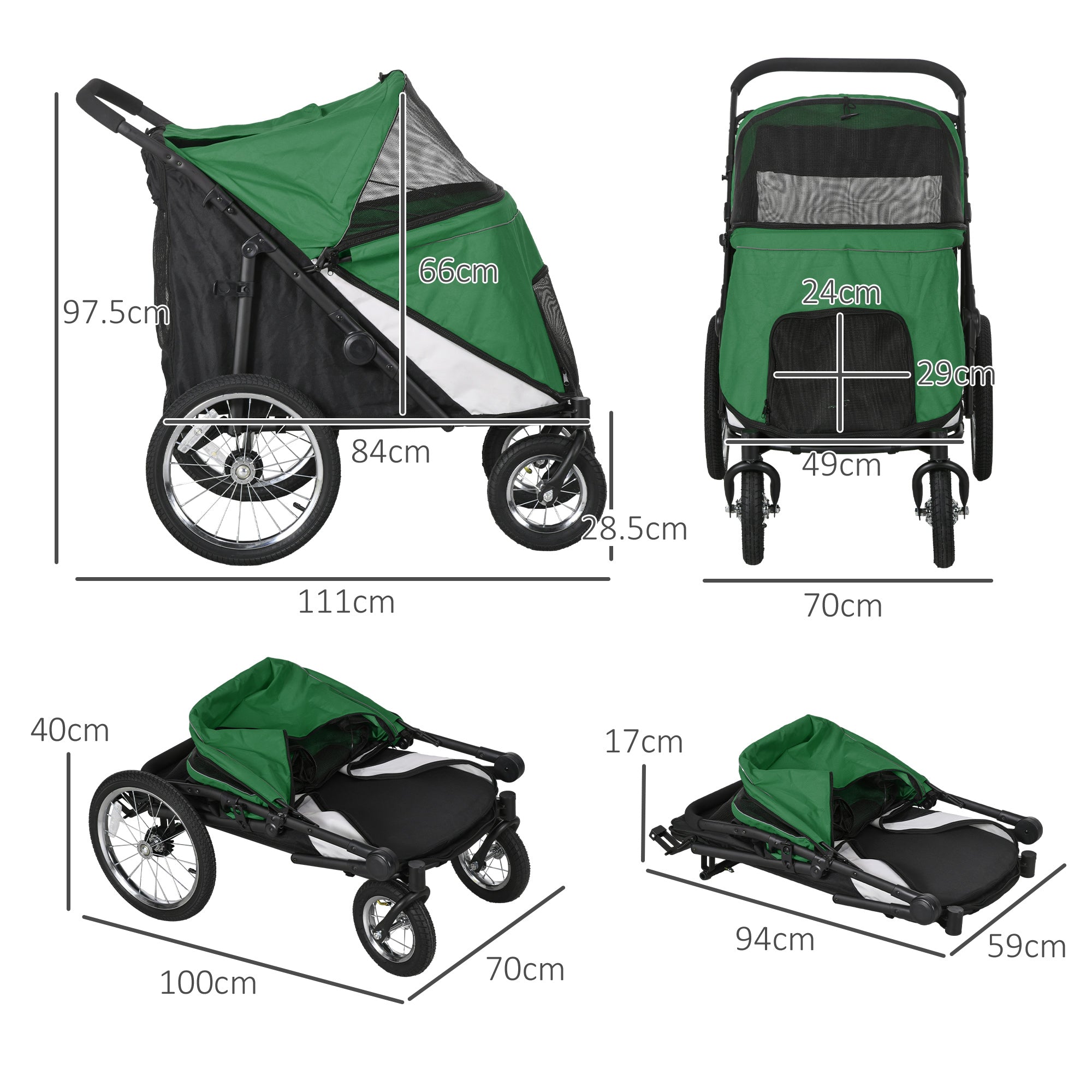 Large Dog Stroller Dog Pram Foldable Pet Pushchair with Safety Leashes for Medium, Large Dogs - Green