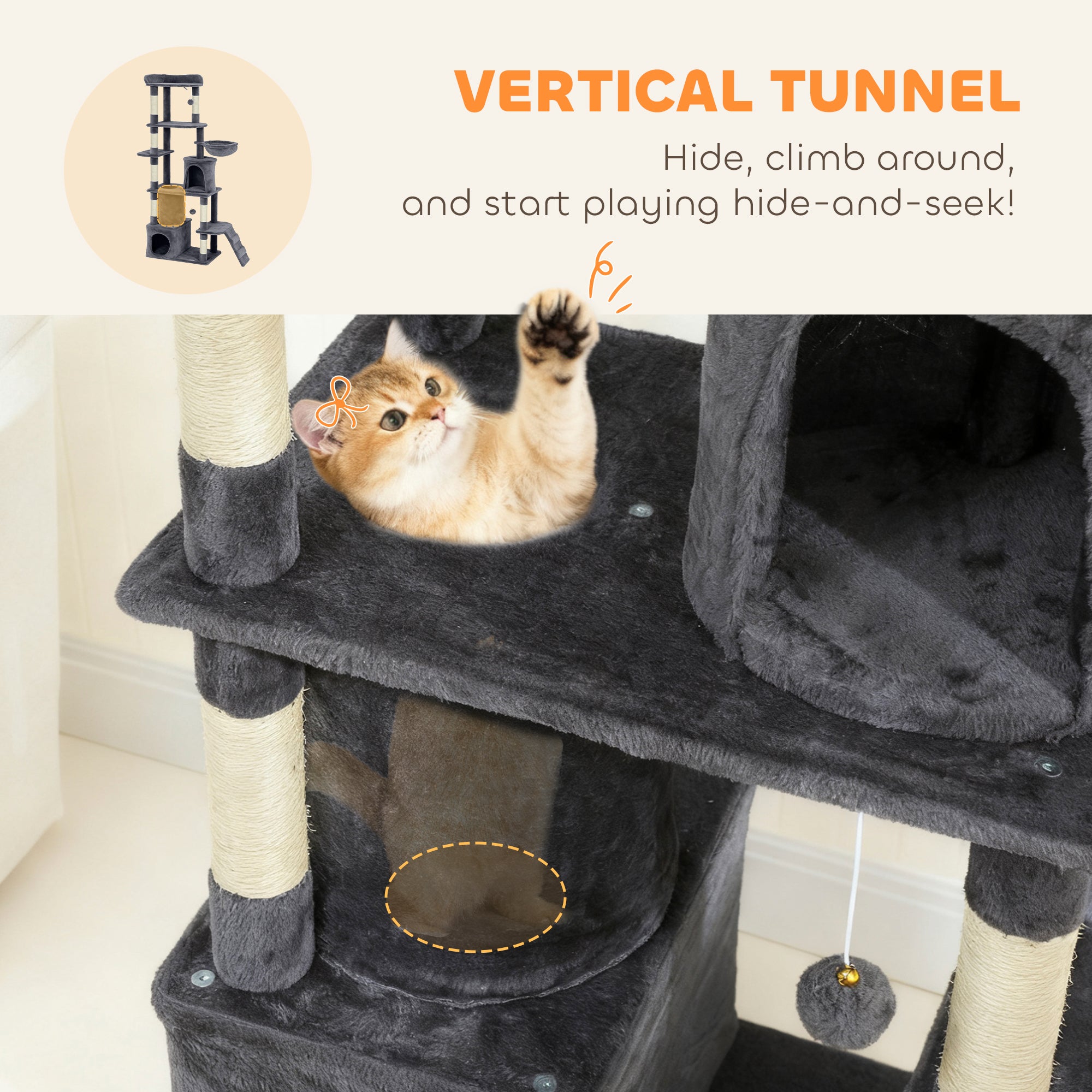 Cat Tree, 67" Large Cat Tower for Indoor Kittens Multi-Level with 7 Scratching Posts, Tunnel, 2 Plush Condos, Hammock, Perch, Ramp, Pompoms, Dark Grey