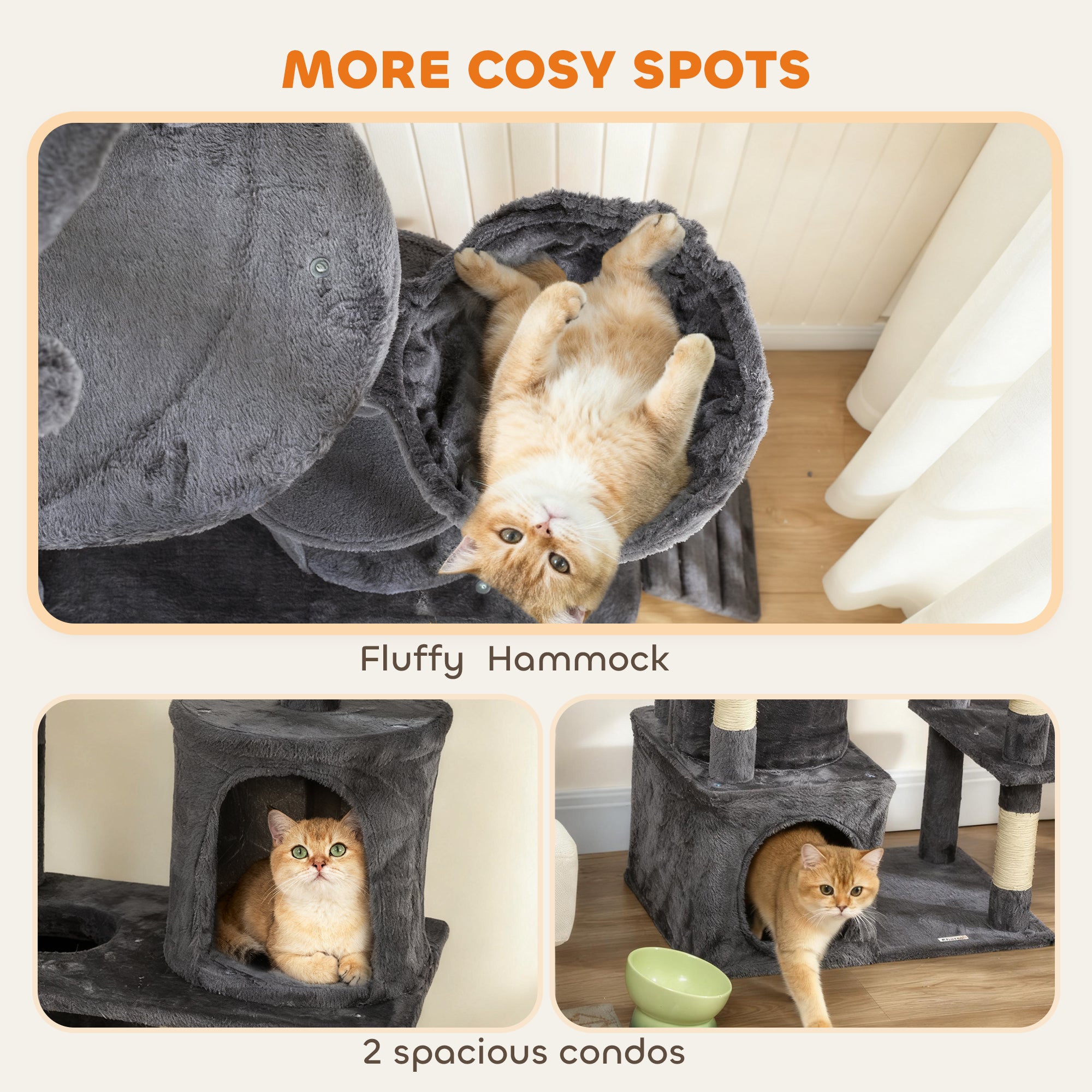 Cat Tree, 67" Large Cat Tower for Indoor Kittens Multi-Level with 7 Scratching Posts, Tunnel, 2 Plush Condos, Hammock, Perch, Ramp, Pompoms, Dark Grey