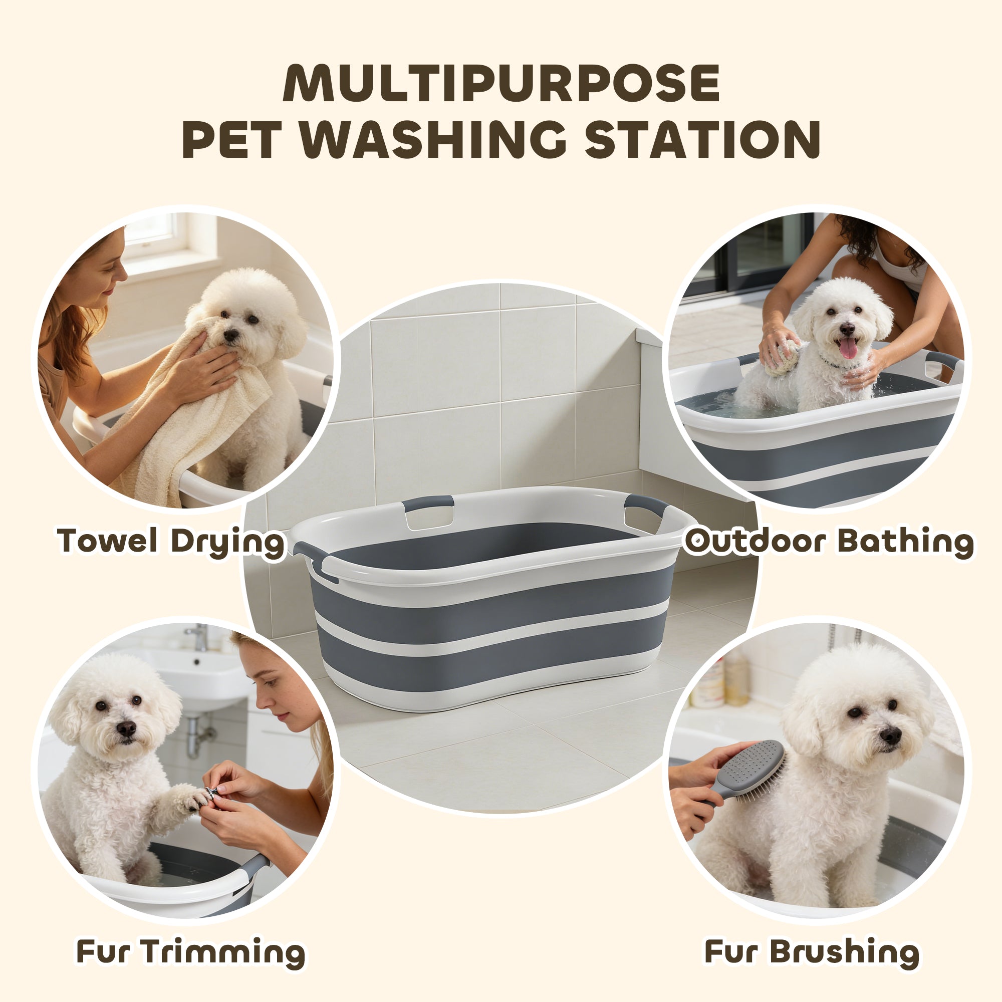27L Collapsible Dog Bath Tub for Small Dogs & Cats, Portable Pet Bath Tub with Drainage Hole, Space Saving Foldable Puppy Bathtub for Indoor & Outdoor, Grey