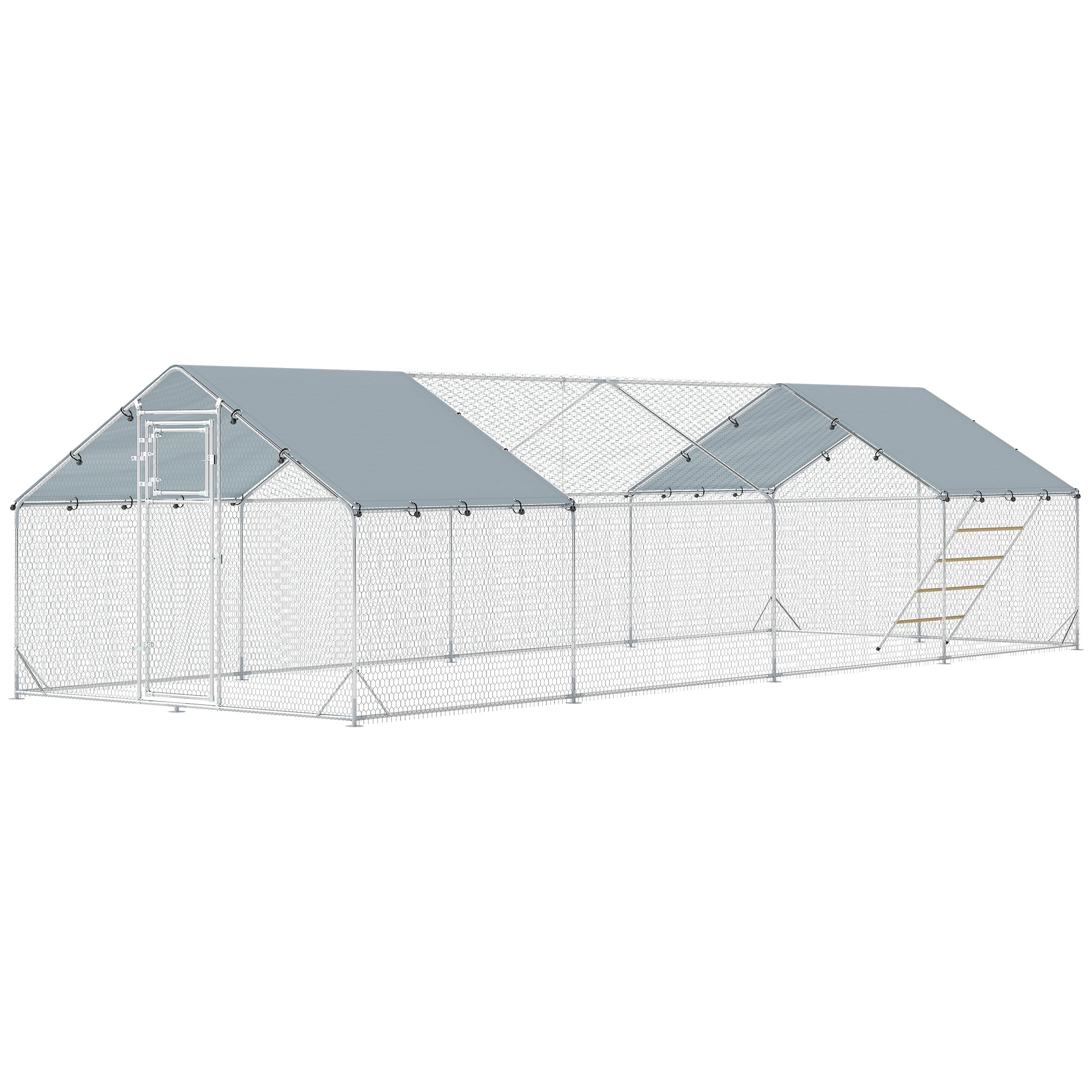 Metal Chicken Coop, 26' x 10' x 6.4' Large Chicken Run Hen House with Feeding Door, Waterproof Cover, Hanging Feeder, Perch, Poultry Cage for Outdoor, Backyard, Farm for 24-30 Hens