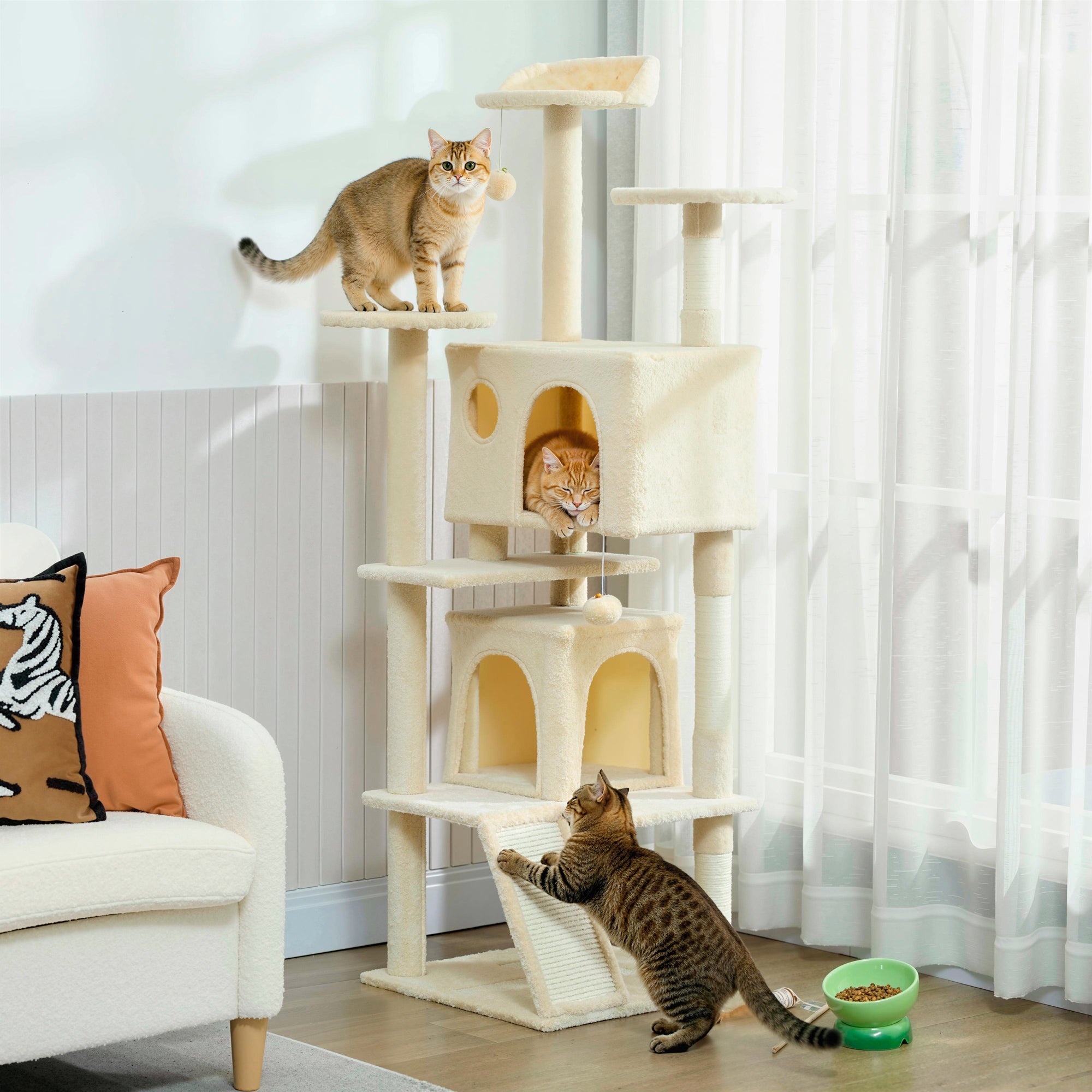 63" Cat Tree, Cat Tower for Indoor Cats with Scratching Posts, Cat Condos, Bed, Platforms, Ramp, Toy Ball, Cat Activity Center, Cream White