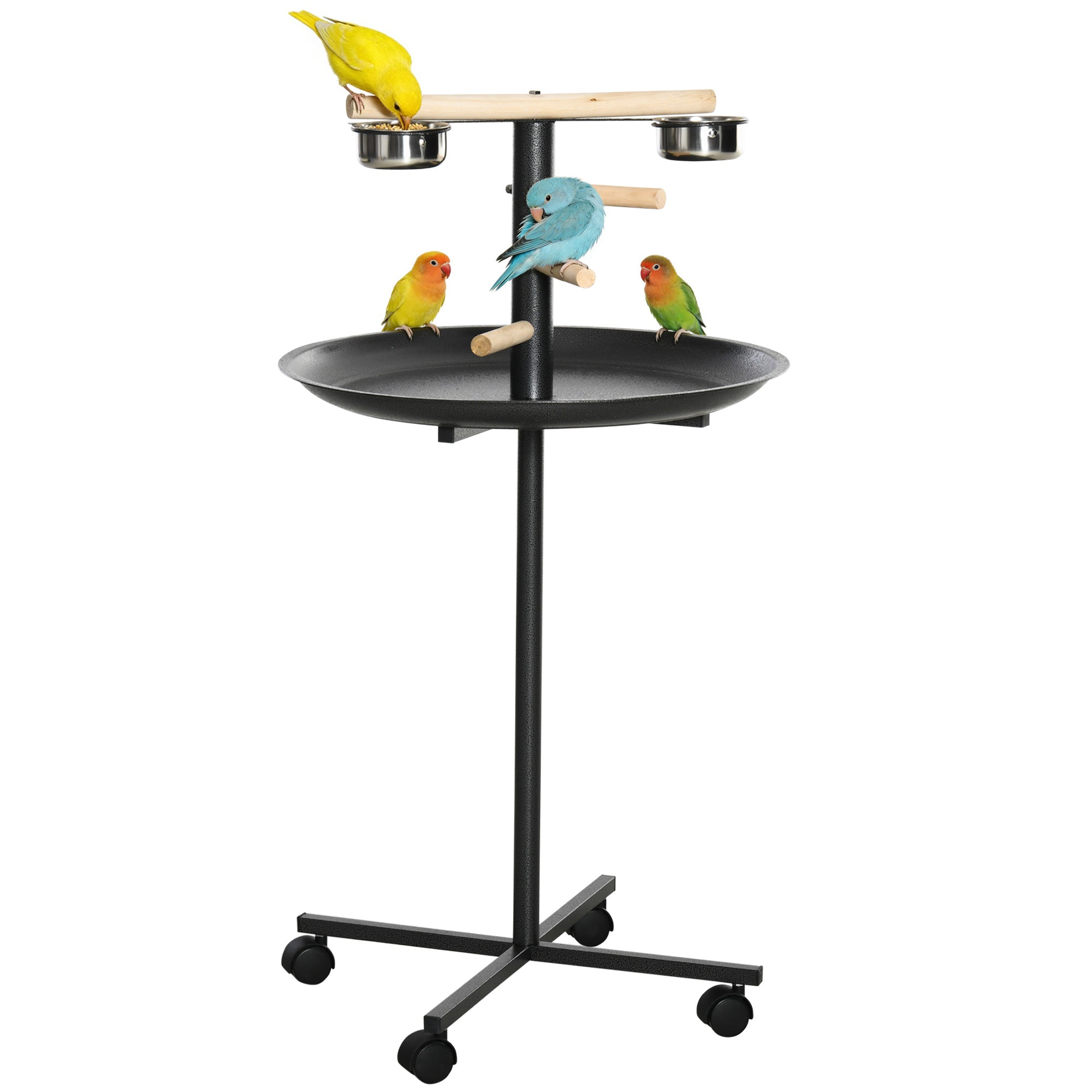 Bird Play Stand, Portable Parrot Perch, Bird Feeder Station, with Four Wheels, Stainless Steel Feeding Bowls, Round Tray, Grey