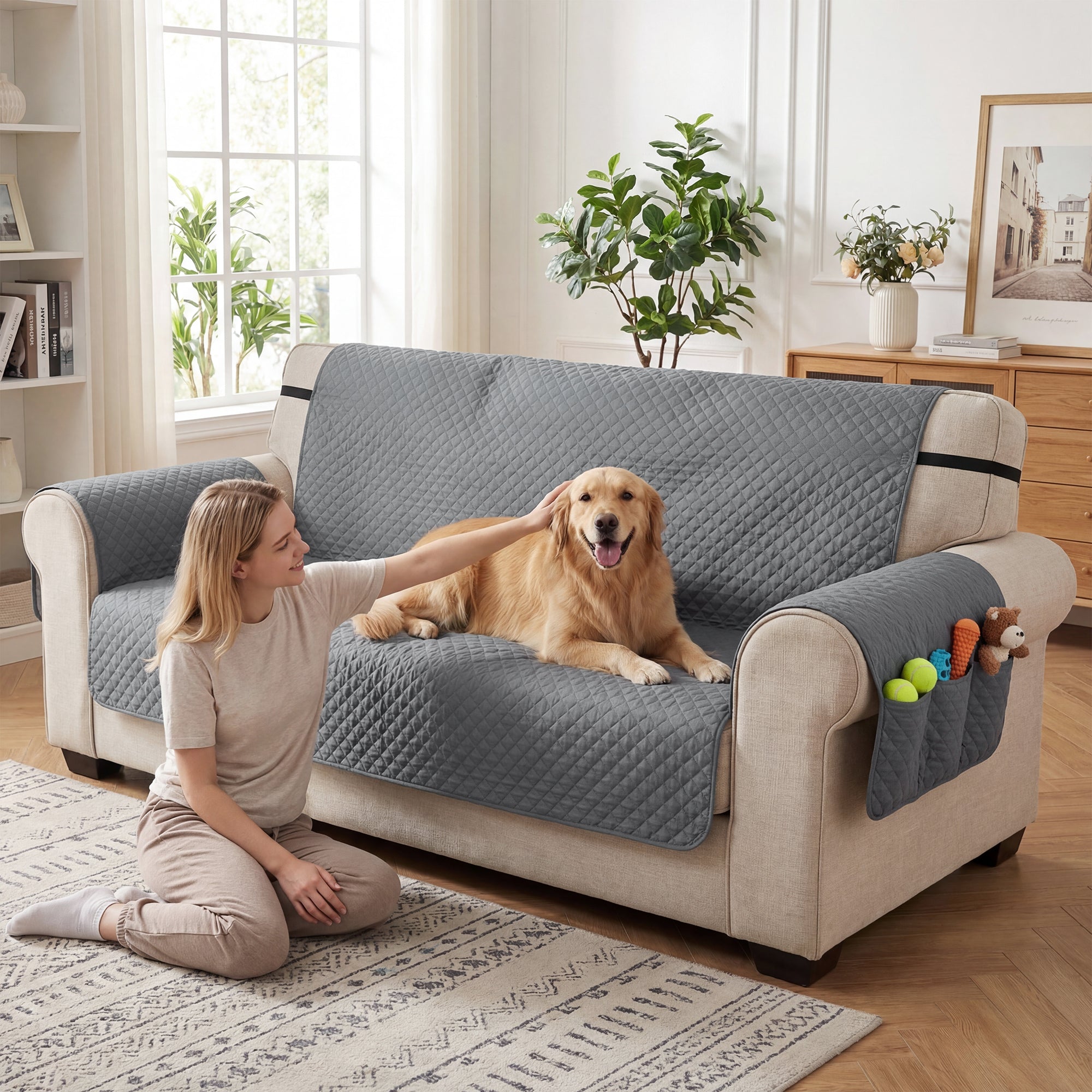 Waterproof Sofa Cover 3 Seater, Soft Couch Cover for Dogs Cats Pets, Non Slip Sofa Slipcoevr with Elastic Straps Furniture Protector for Living Room, Grey