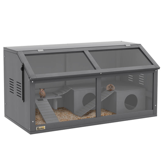 Wooden Hamster Cage, 33.5"L Hamster Habitat, Small Animal Cage for Syrian Drawf Hamster Gerbils Mice with Suspension Bridge, Ladders, Openable Top, Platform, Dark Grey