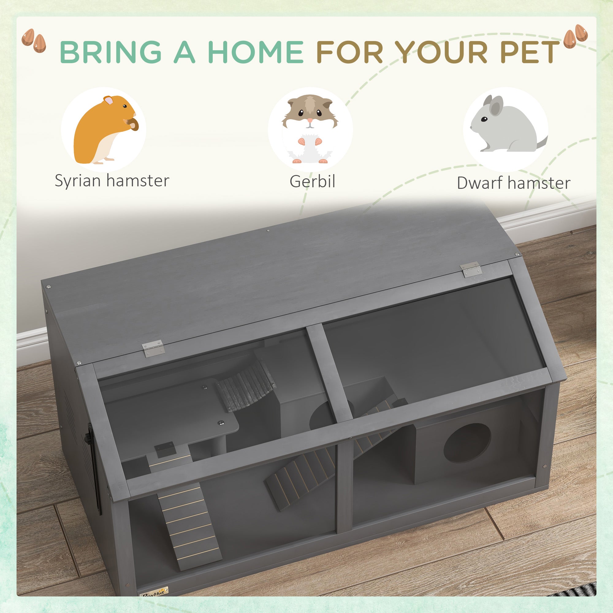 Wooden Hamster Cage, Gerbil Cage for Syrian Hamster with Exercise Play House, Openable Top 85 x 45 x 44cm - Grey
