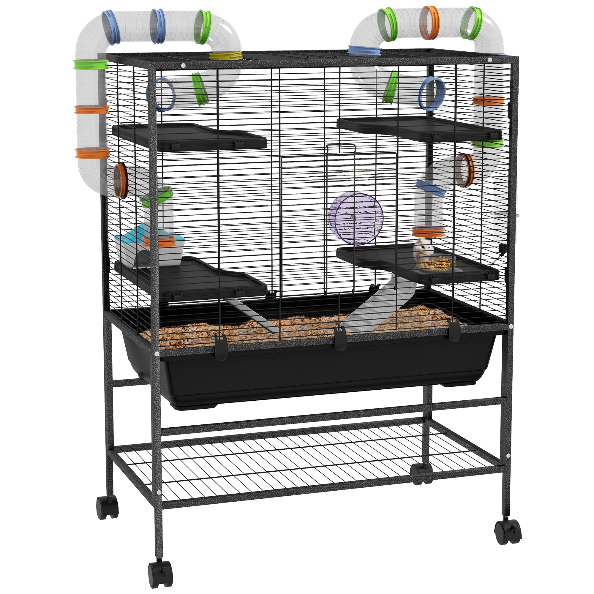 Large Hamster Cage with 7" Deep Tray, 43" Rolling Gerbil Cage with Storage Shelf, Big Exercise Wheel, Tube System, Hut, Platforms, Ramps, for Syrian, Gerbil, Rat