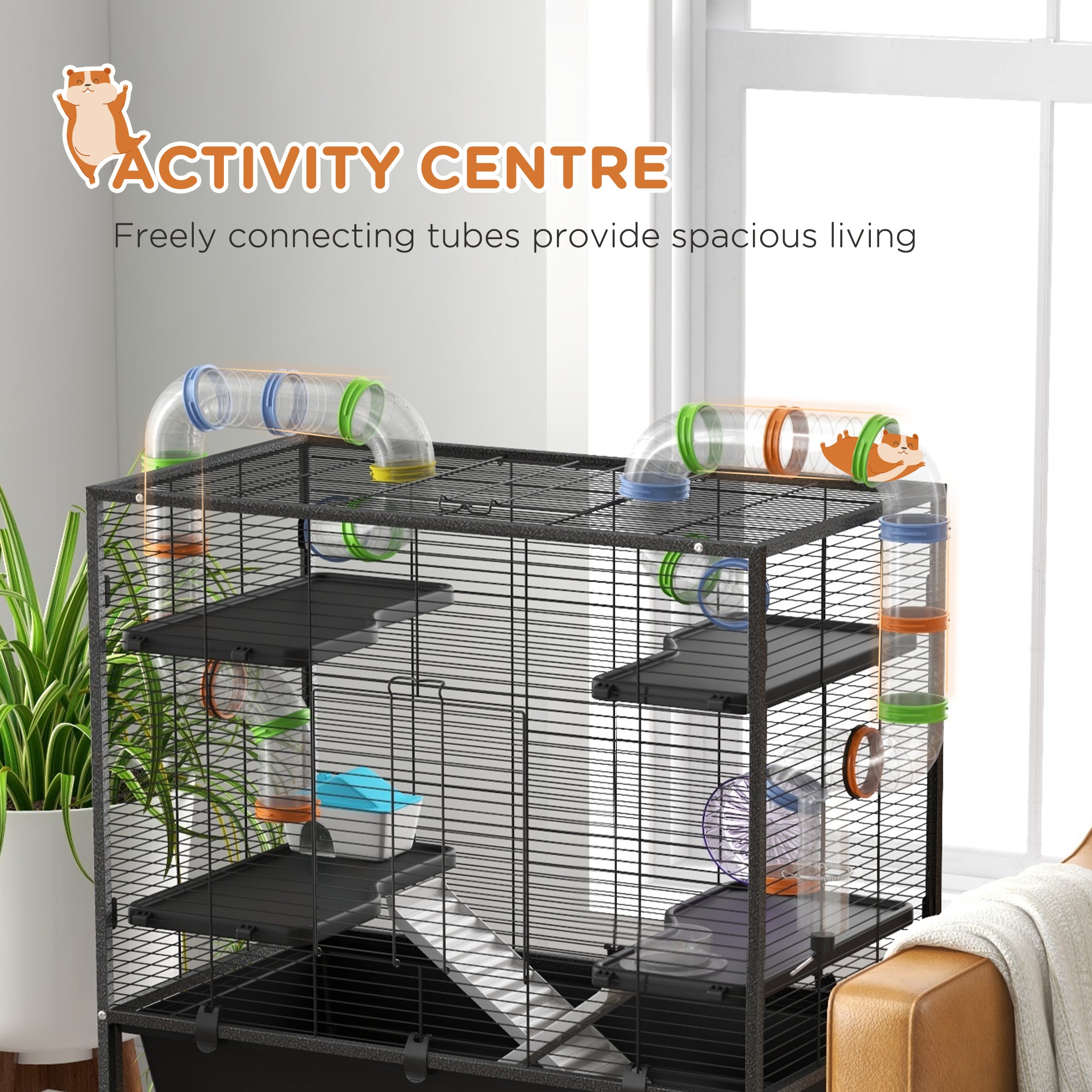 Large Hamster Cage with 7" Deep Tray, 43" Rolling Gerbil Cage with Storage Shelf, Big Exercise Wheel, Tube System, Hut, Platforms, Ramps, for Syrian, Gerbil, Rat