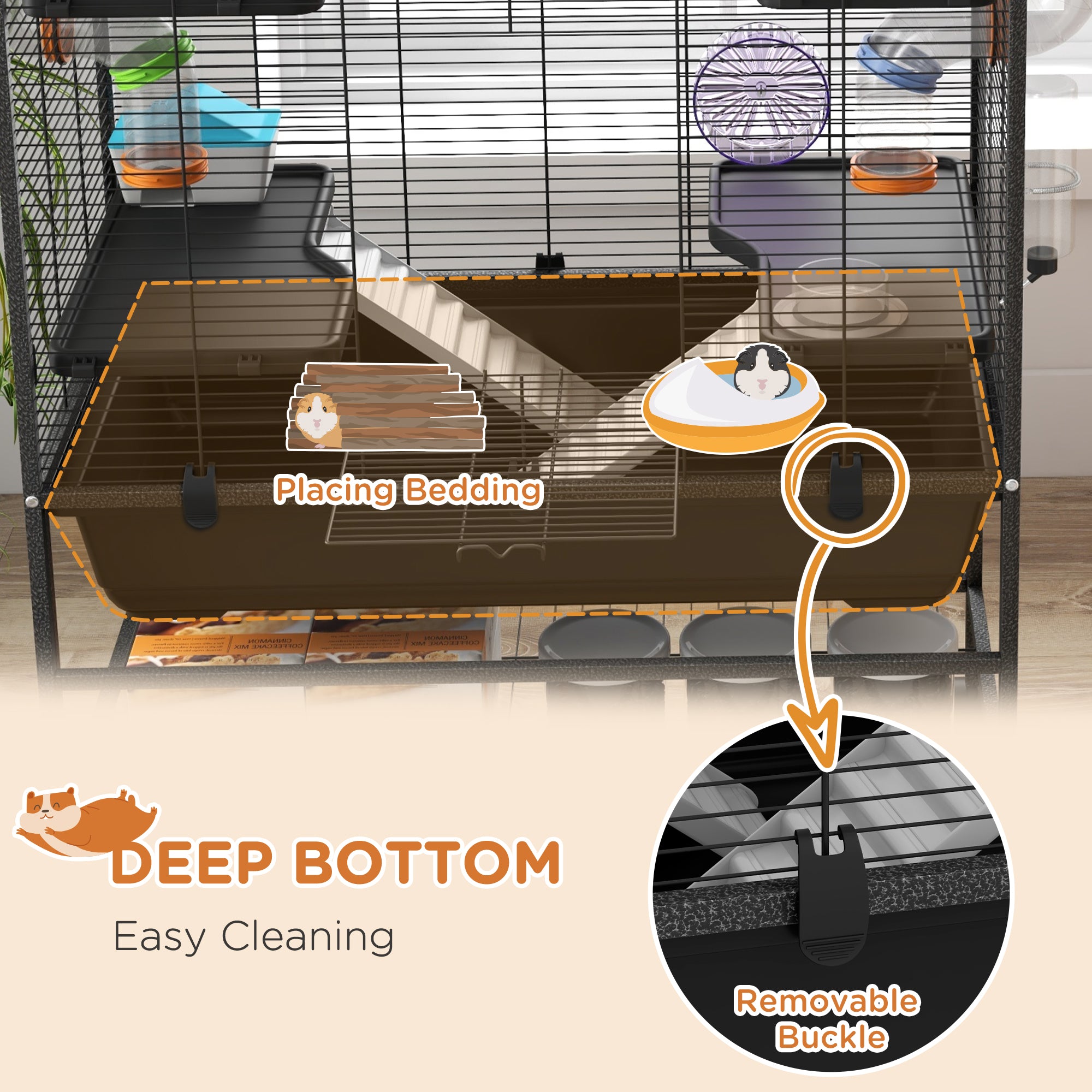 Large Hamster Cage with 7" Deep Tray, 43" Rolling Gerbil Cage with Storage Shelf, Big Exercise Wheel, Tube System, Hut, Platforms, Ramps, for Syrian, Gerbil, Rat