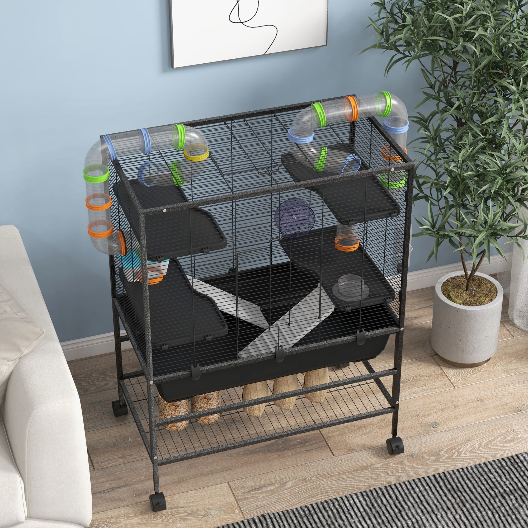 Large Hamster Cage with 7" Deep Tray, 43" Rolling Gerbil Cage with Storage Shelf, Big Exercise Wheel, Tube System, Hut, Platforms, Ramps, for Syrian, Gerbil, Rat