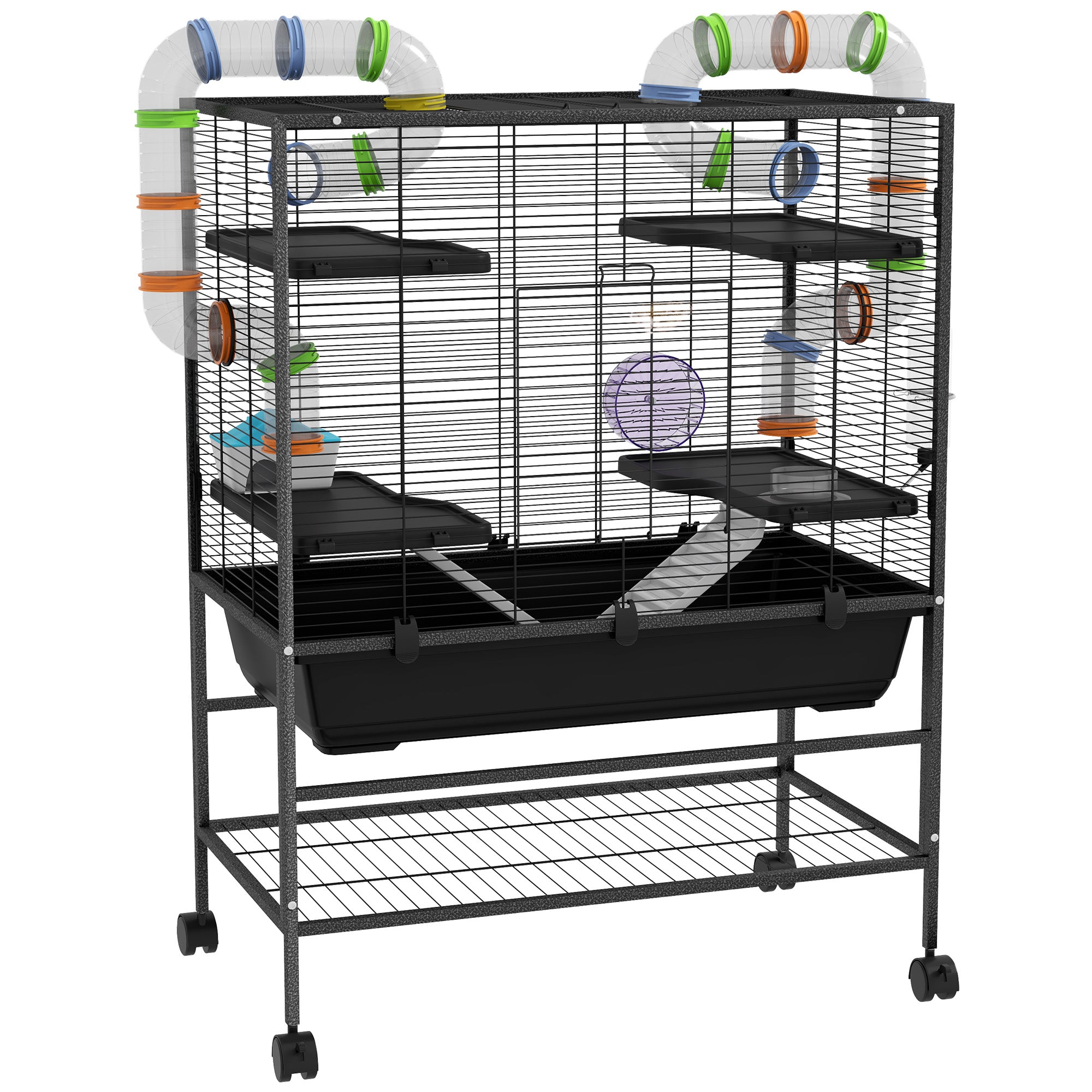 Large Hamster Cage with 7" Deep Tray, 43" Rolling Gerbil Cage with Storage Shelf, Big Exercise Wheel, Tube System, Hut, Platforms, Ramps, for Syrian, Gerbil, Rat