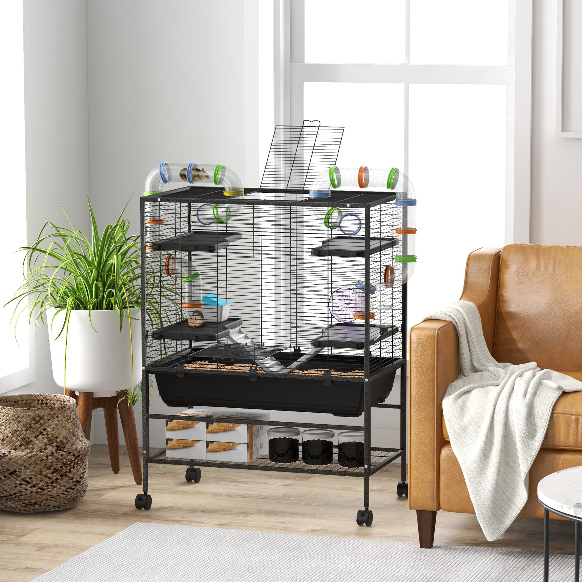 Large Hamster Cage with 7" Deep Tray, 43" Rolling Gerbil Cage with Storage Shelf, Big Exercise Wheel, Tube System, Hut, Platforms, Ramps, for Syrian, Gerbil, Rat