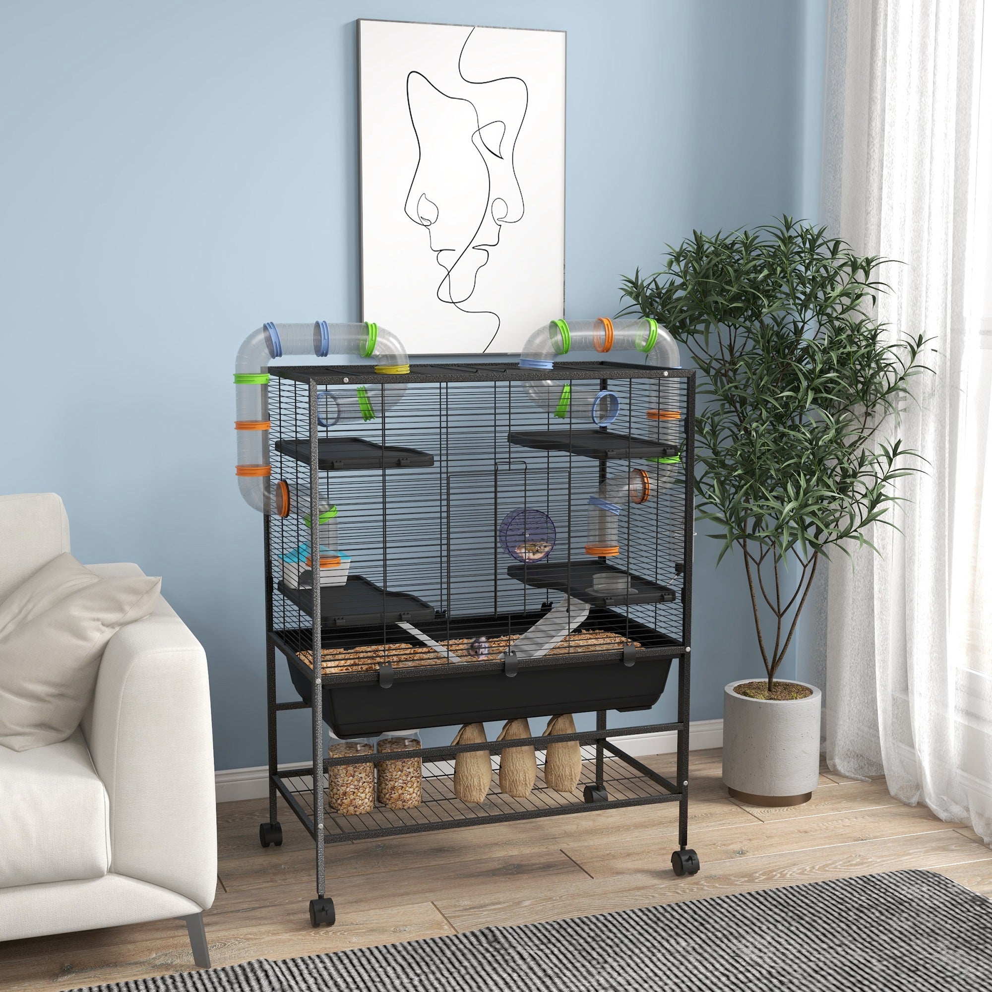 Large Hamster Cage with 7" Deep Tray, 43" Rolling Gerbil Cage with Storage Shelf, Big Exercise Wheel, Tube System, Hut, Platforms, Ramps, for Syrian, Gerbil, Rat