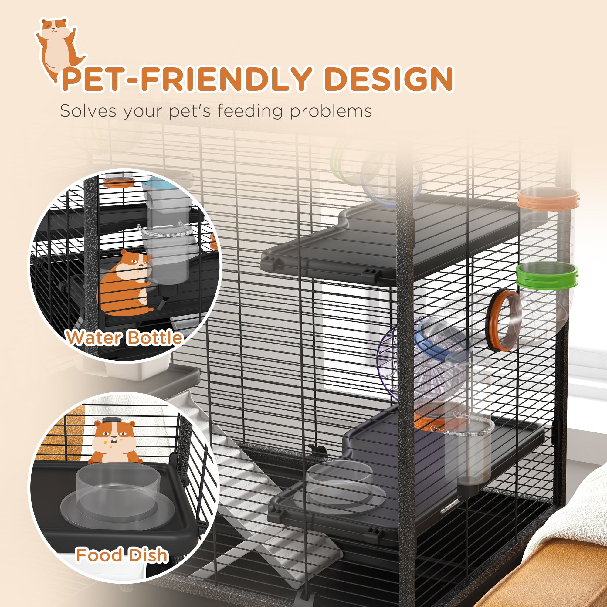 Large Hamster Cage with 7" Deep Tray, 43" Rolling Gerbil Cage with Storage Shelf, Big Exercise Wheel, Tube System, Hut, Platforms, Ramps, for Syrian, Gerbil, Rat