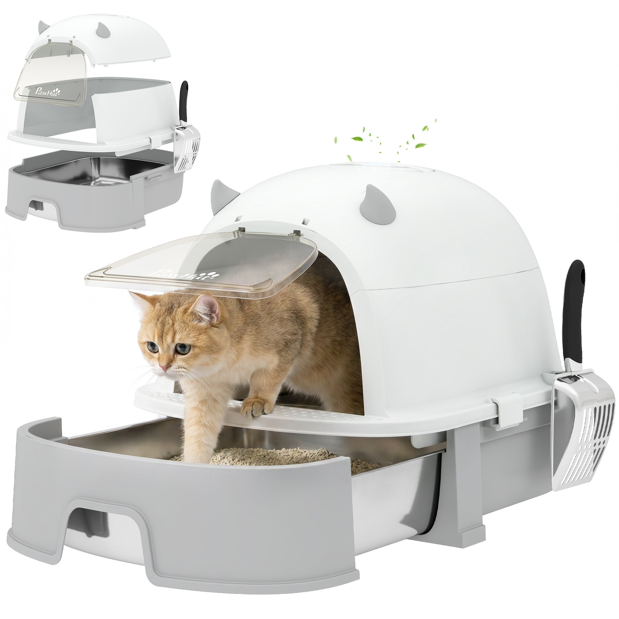 Stainless Steel Cat Litter Box, Large Hooded Kitty Litter Box with Removable Lid, Scoop & Carbon Filters for Medium Cats, Easy to Clean, No Leakage, No Odors, Gray